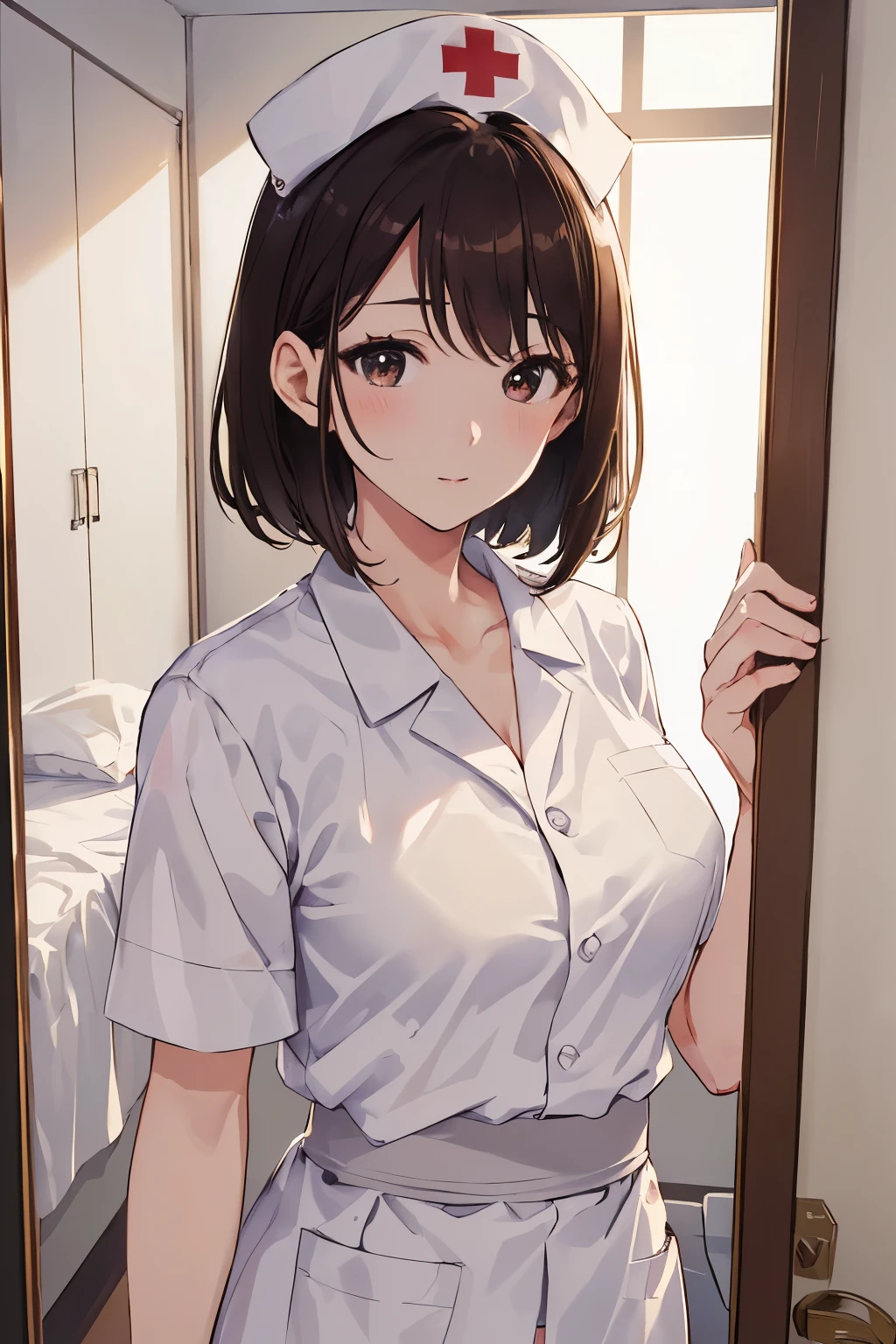 (Best quality, 8k, 32k, Masterpiece, UHD:1.2),Photo of Pretty Japanese woman, 1girl, (medium-short dark brown hair), (large breasts), double eyelid, White nurse uniform, small white nurse (cap), white shirt, open shirt, hospital, patient's room, upper body, sexy