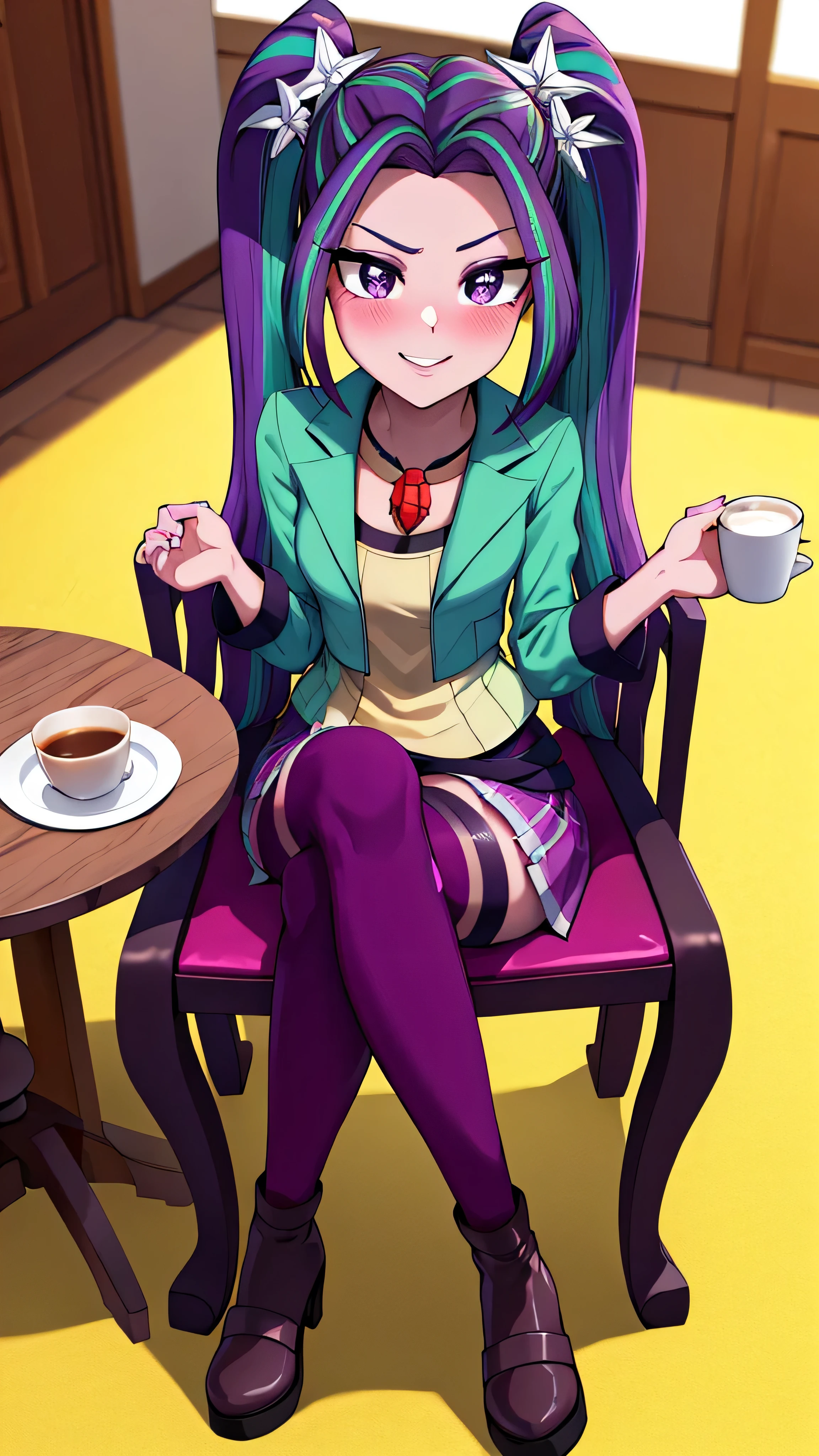 ARIA BLAZE, colored skin, purple skin, twintail, Hair ornaments, green jacket, Purple skirt, thigh boots, belts,Thin leg, (Best Quality,4k,8K,high resolucion,Masterpiece:1.2),Ultra-detailed,realisitic:1.37,Vivid colors,studio lit, thin body, black outline, Bold contour jewelry necklace, Lovely smile, sit, crossed legs, blush, full body, cafe, drinking, holding coffee, table, chair