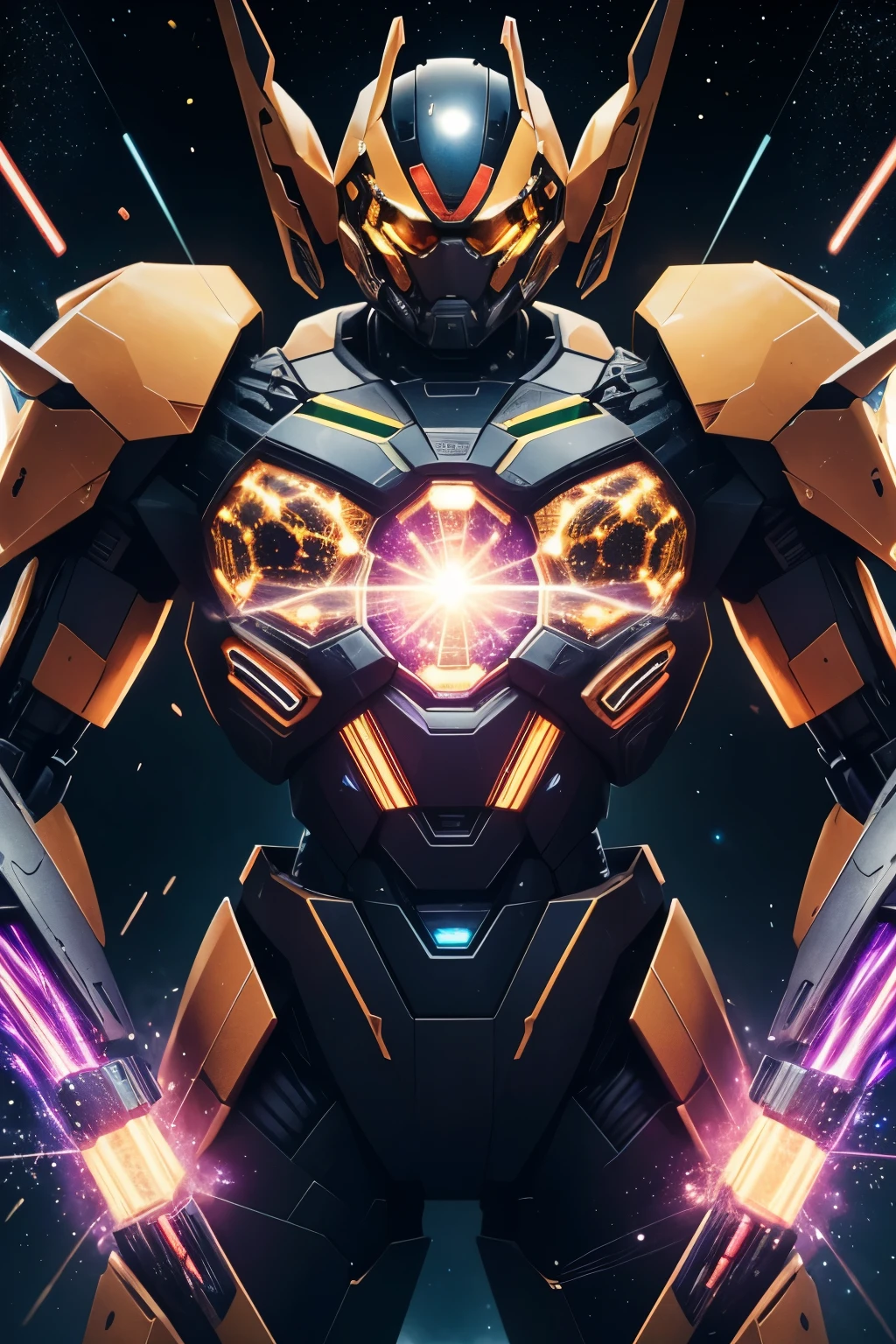 best quality, 32k, RAW photo, incredibly absurdres, extremely detailed, Mecha in a honeycomb state, there are holes all over the body and sparks blow out, causing damage, delicate, flashy and dynamic depiction, background galaxy, shining planet, rainbow colors neon line light