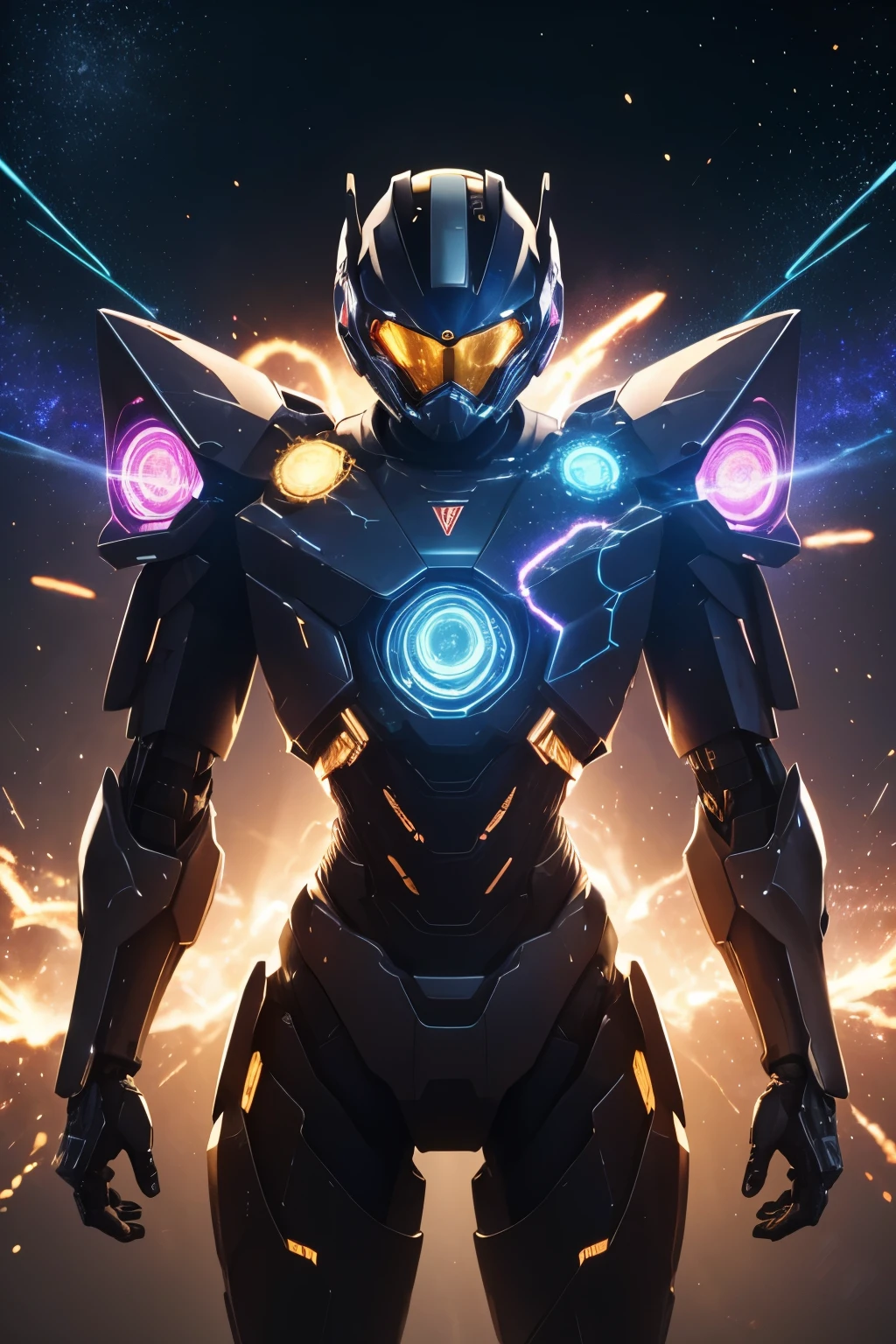 best quality, 32k, RAW photo, incredibly absurdres, extremely detailed, Mecha in a honeycomb state, there are holes all over the body and sparks blow out, causing damage, delicate, flashy and dynamic depiction, background galaxy, shining planet, rainbow colors neon line light