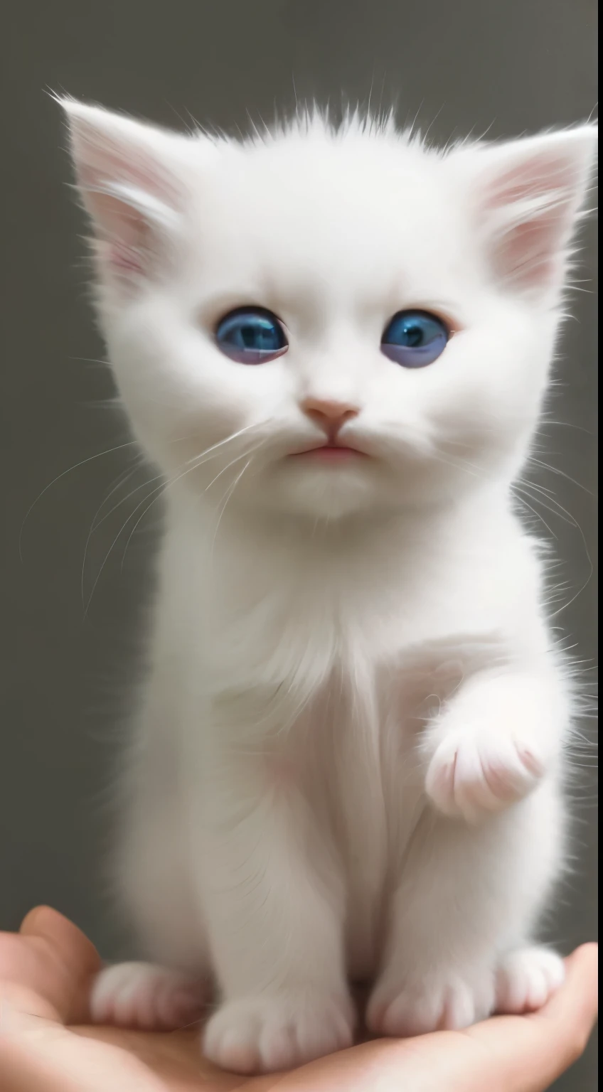 white-haired kitten sitting on someone's hand, miniature kitten, Animal focus, bearded, Realistic, Gonzo hand, ambiguous background,smile,interesting