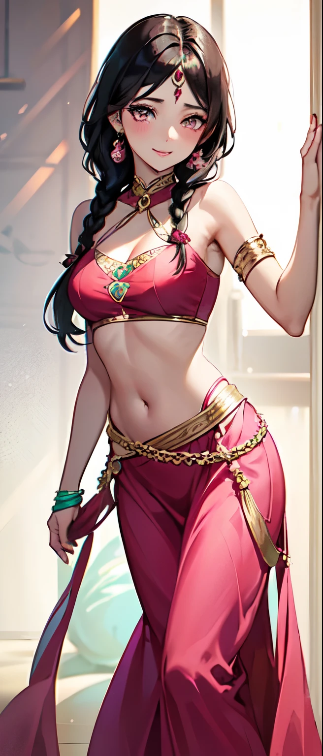 Sexy woman, black hair, single braid, fair skin, beautiful delicate eyes, small thin nose, pink lips, parted, bright smile, hair skin, bright pink blush, red lehenga, medium chest, cleavage, wide hips, hourglass body, bare abdomen