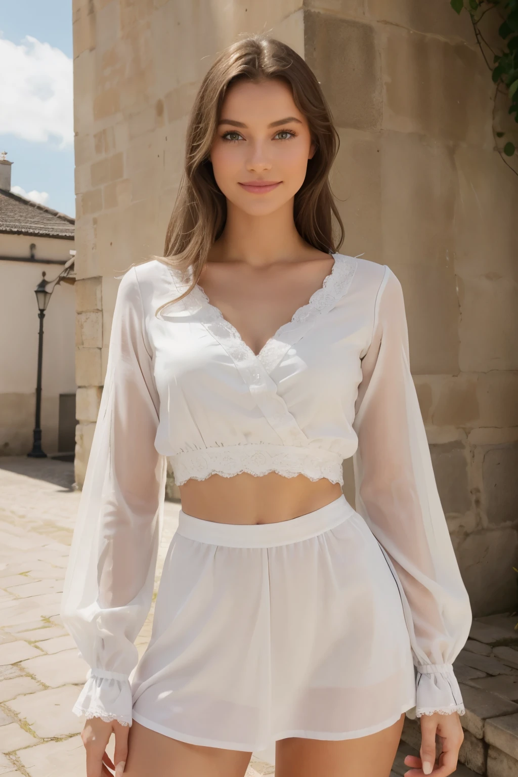 Belle blanche vêtue de sous-vêtements blancs ( mannequin pose pour photo), Très détaillé, 19 ans, Visage innocent, Cheveux blancs lisants, Yeux bruns, Haute résolution, Maître-œuvre, Meilleure qualité, Détails intricats, Détaillé, Point de vue parfait, Peau détaillée, Texture de peau réeliste, Texture, Détails oculaires, Professionnel, 4k, Sourire enjôleuse, Tourné sur Canon, 85 mm, Faible profondeur
