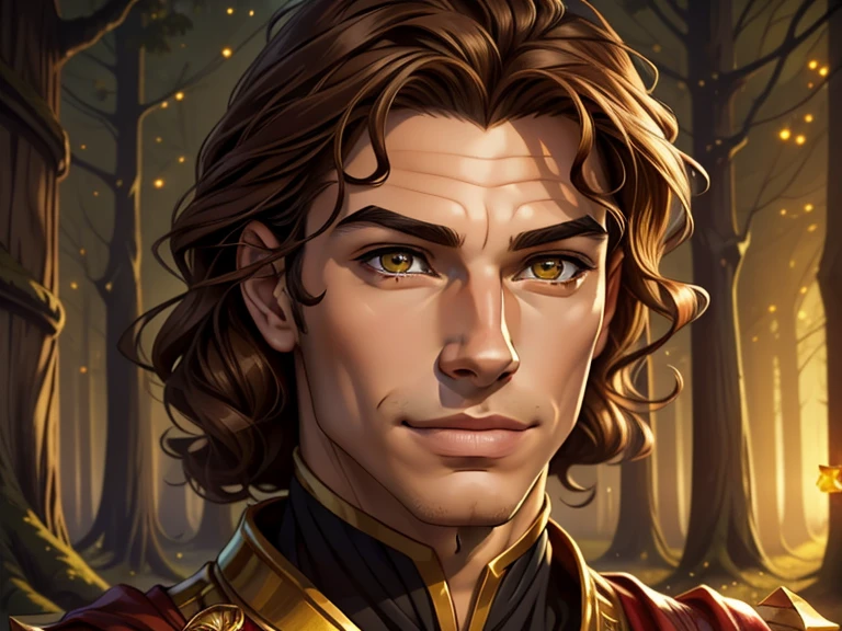masterpiece, best quality, realistic, 1boy, male, quiet and charming young boy, 16 year old, a smirk, closed mouth, gold skin, portrait, extremely detailed face, cold and smirk, ((honey eyes)), ((short wavy brown hair)), [thick eyebrows], dark palace, ((civilian)), dim light, evil, woods background