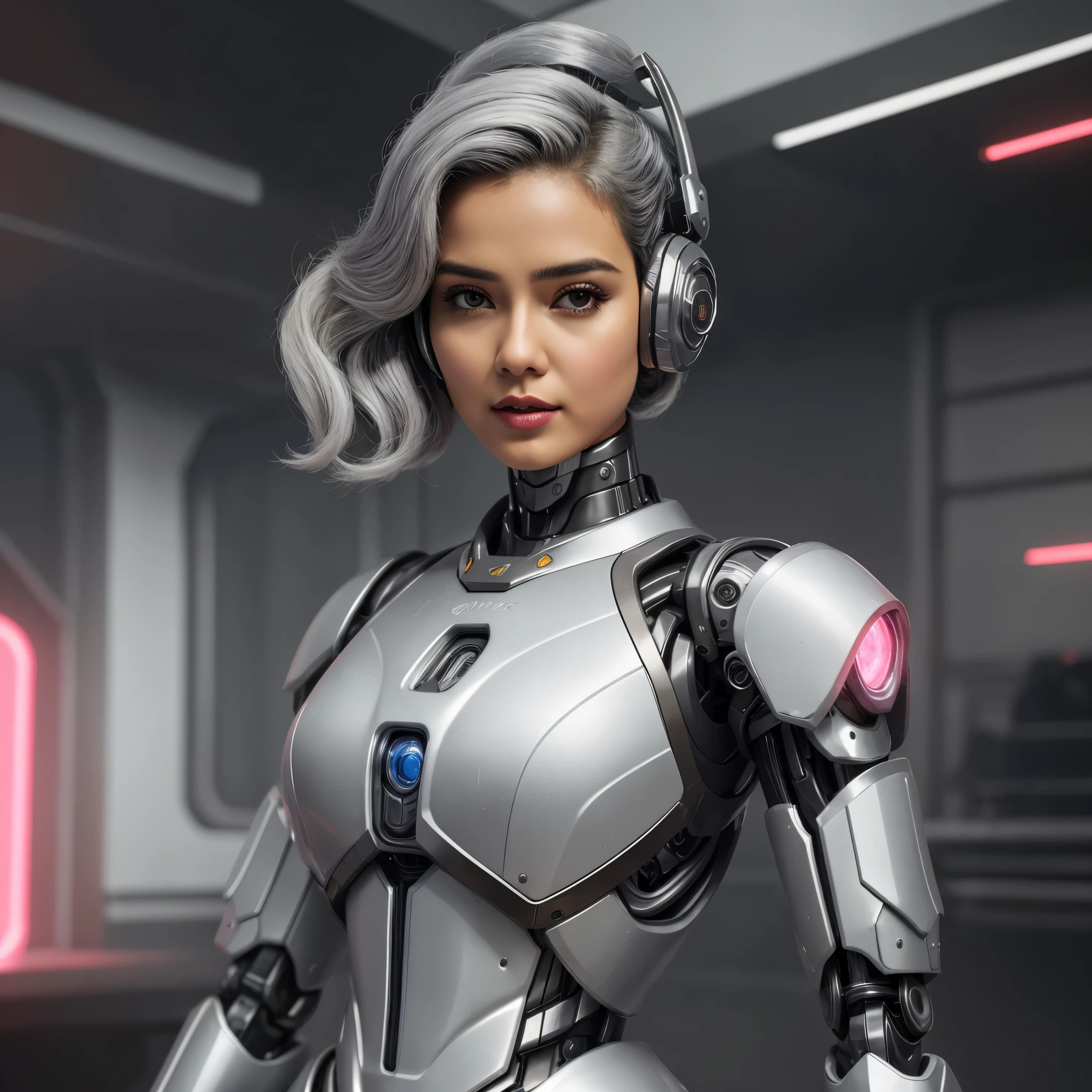 um close up de uma mulher em um terno futurista com fones de ouvido, ciborgue - garota with silver hair,  comerciante ciborgue, barbie ciborgue, girl with mecha cybernetic armor, ciborgue - garota, clothed in cyber armour, mulher comerciante ciborgue, cyber suit, garota ciborgue, velho senhora cyborg comerciante, as a retro futuristic heroine, mulher fatal cyberpunk, linda garota branca ciborgue