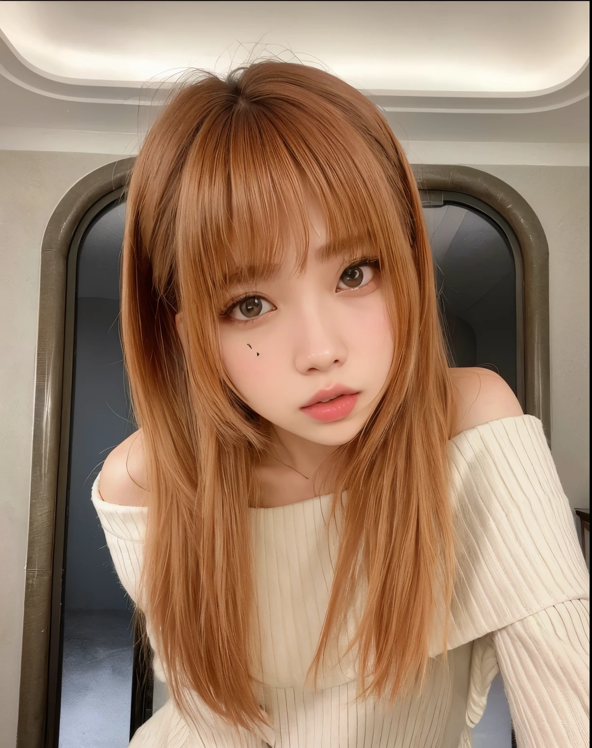 ((highest quality, 8K, masterpiece:1.3, realistic:1.3)), {{lying in bed, From above, dakimakura}}, Japanese high school girl, single woman, very light brown hair, With bangs, (japanese uniform, socks, thick thighs,Store the song on the cotton side), Highly detailed face and skin texture, fine eyes, detailed lips, Very detailed hair depiction, Pueros face, embarrassed look, natural makeup:1.0,skirt lift,pantyhose,