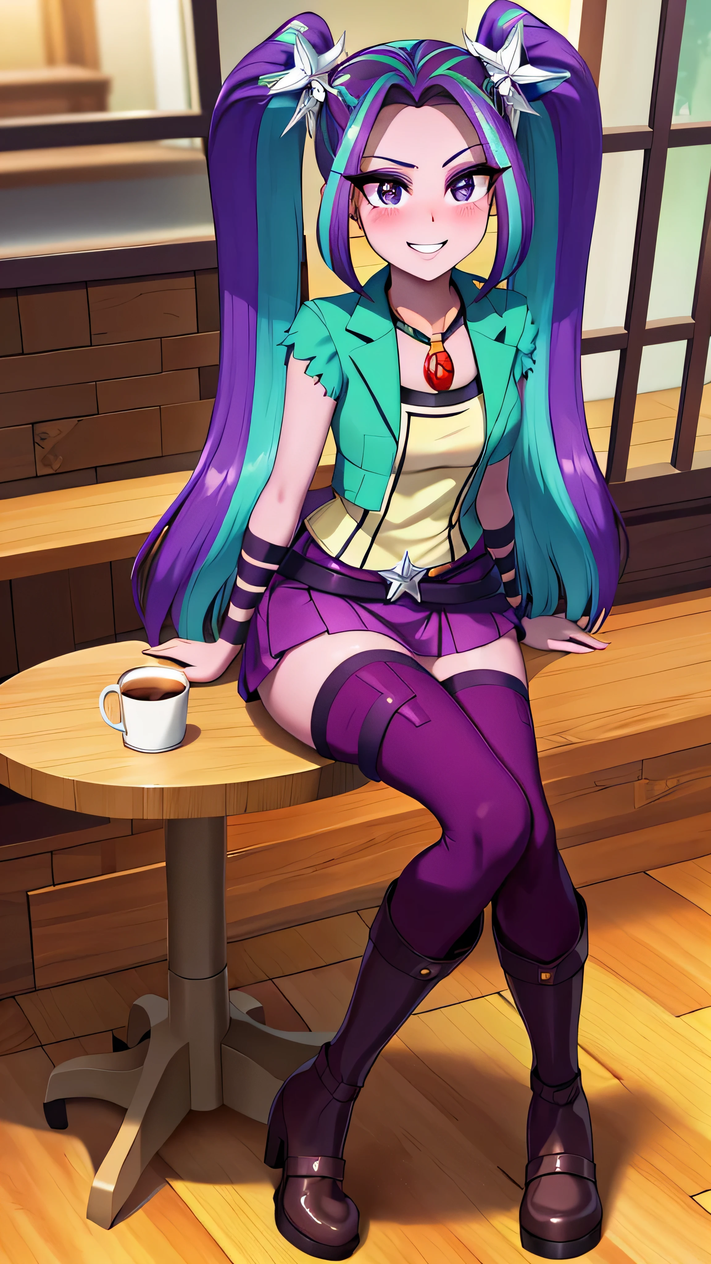 ARIA BLAZE, colored skin, purple skin, twintail, Hair ornaments, green jacket, Purple skirt, thigh boots, belts,Thin leg, (Best Quality,4k,8K,high resolucion,Masterpiece:1.2),Ultra-detailed,realisitic:1.37,Vivid colors,studio lit, thin body, black outline, Bold contour jewelry necklace, Lovely smile, sit, legs togueter, blush, full body, cafe, drinking, holding coffee, table, chair