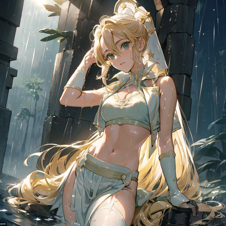 (((profesional: Paso a paso, taking into account even the smallest detail, Resultado final Nivel Dios, cuerpo entero con detalles intrincados, solo 1 chica, imagen: todos los detalles intrincados, obra maestra))): "Calidad 3, Wet anime, hiper detalles, Wet anime -yeld whiwoman with random colored hair Wet hair tied back with a red ribbon Her eyes are the same color as her wet hair, delgado, ropa crop top blanco yminifalda vaquera, A jungle background under a constant torrential rain that soaked them, Wet Back Posture, mostrando su hermoso cuerpo 92 59 90, Cara coqueta, pedestal invisible,, film grain, colores fuji, contraste de luces y sombras, piel texturizada, dynamic pose, realismo, luz de sol, Alto contraste, pose muy sexy"