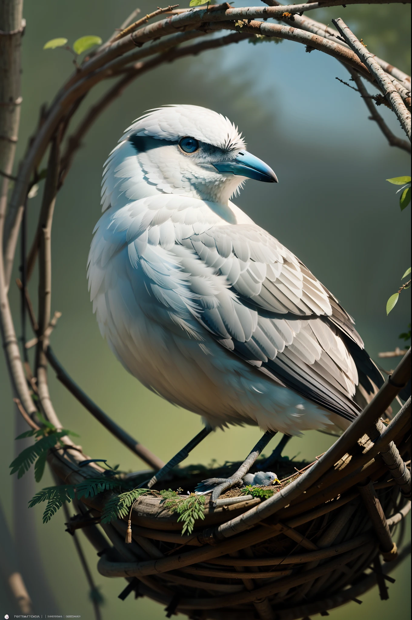 Gray and white siberian bird, bird sleeping in a bird's nest, summer in China, Failure to draw eyes is unacceptable, ultra hd 8k, concept art portrait by Greg Rutkowski, artgerm, hyperdetailed, intricately detailed, triadic colours, fantastical, intricate detail, splash screen, complementary color, 8k resolution, oil painting, heavy strokes, soft lighting, film photography, analogue photography, film grain, hyperrealism,