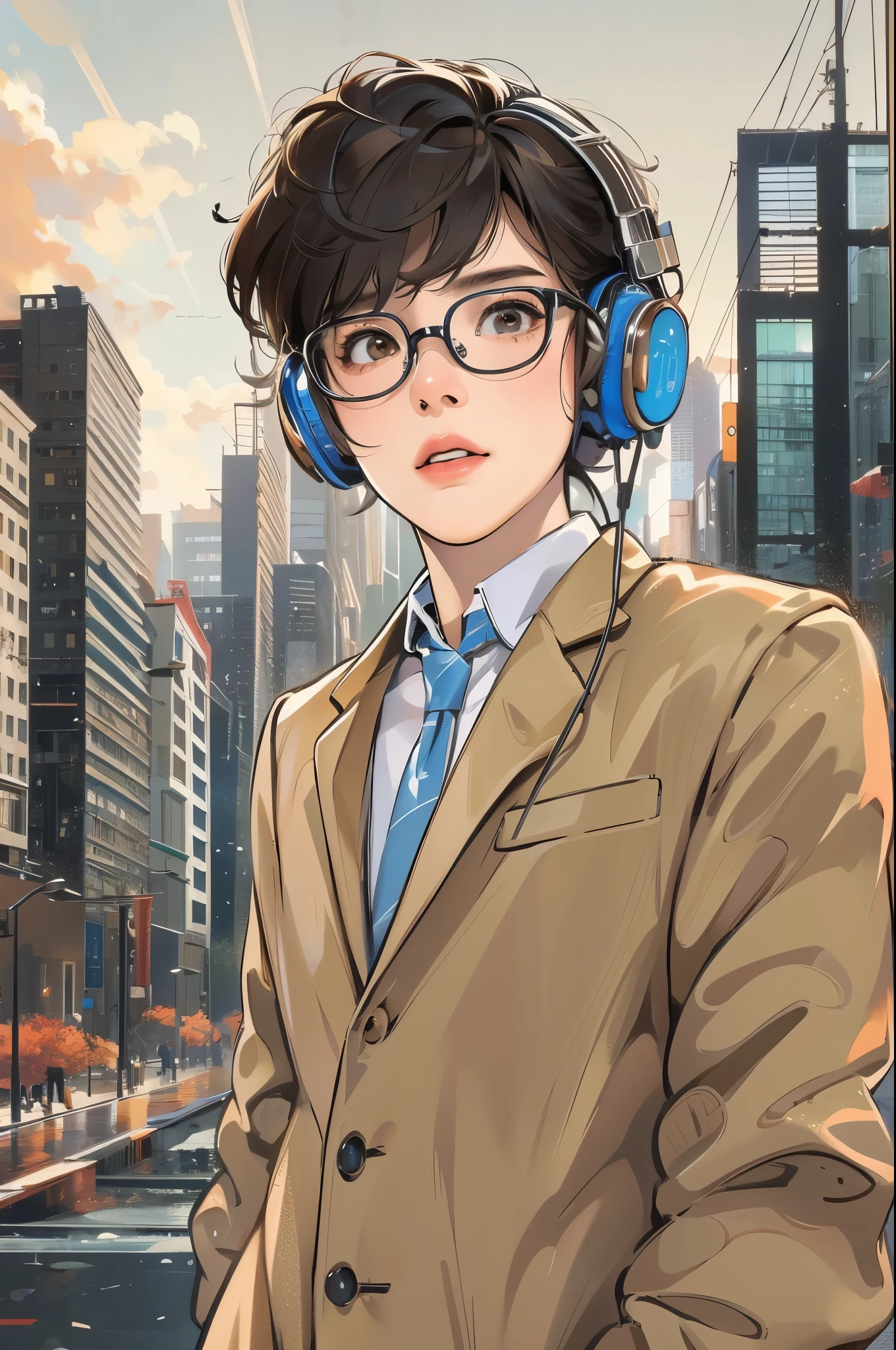 (absurdres, highres, ultra detailed, realistic, ), 1 boy, solo, short black hair, glasses, suits,brown eyes,  (headphone)，modern city background, ultra - detailed, best quality, Detailed diagram, vectorized, 8K,  Graphic design, vector lines, Full-HD，full body