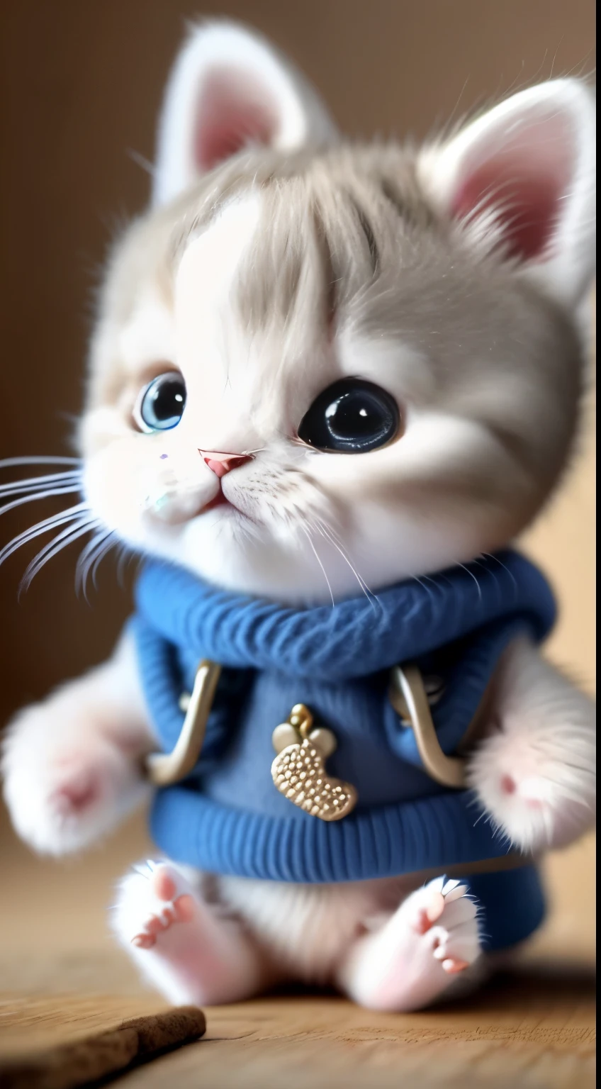 kitten in clothes， miniature kitten， Animal focus， bearded， Realistic， Gonzo hand， ambiguous background，smile，interesting、
