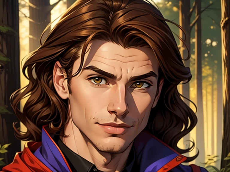 masterpiece, best quality, realistic, 1boy, male, quiet and charming young boy, 16 year old, a smirk, closed mouth, gold skin, portrait, extremely detailed face, cold and smirk, ((honey eyes)), ((short wavy brown hair)), [thick eyebrows], ((civilian)), dim light, evil, woods background