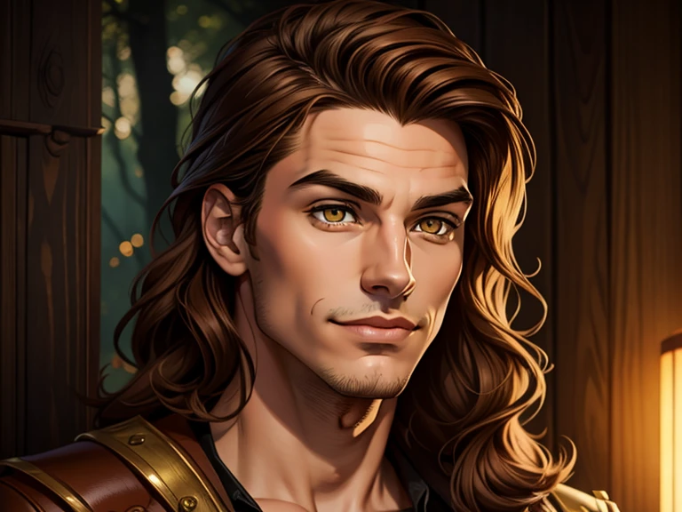 masterpiece, best quality, realistic, 1boy, male, quiet and charming young boy, , a smirk, closed mouth, gold skin, portrait, extremely detailed face, cold and smirk, ((honey eyes)), ((short wavy brown hair)), [thick eyebrows], ((civilian)), dim light, evil, woods background