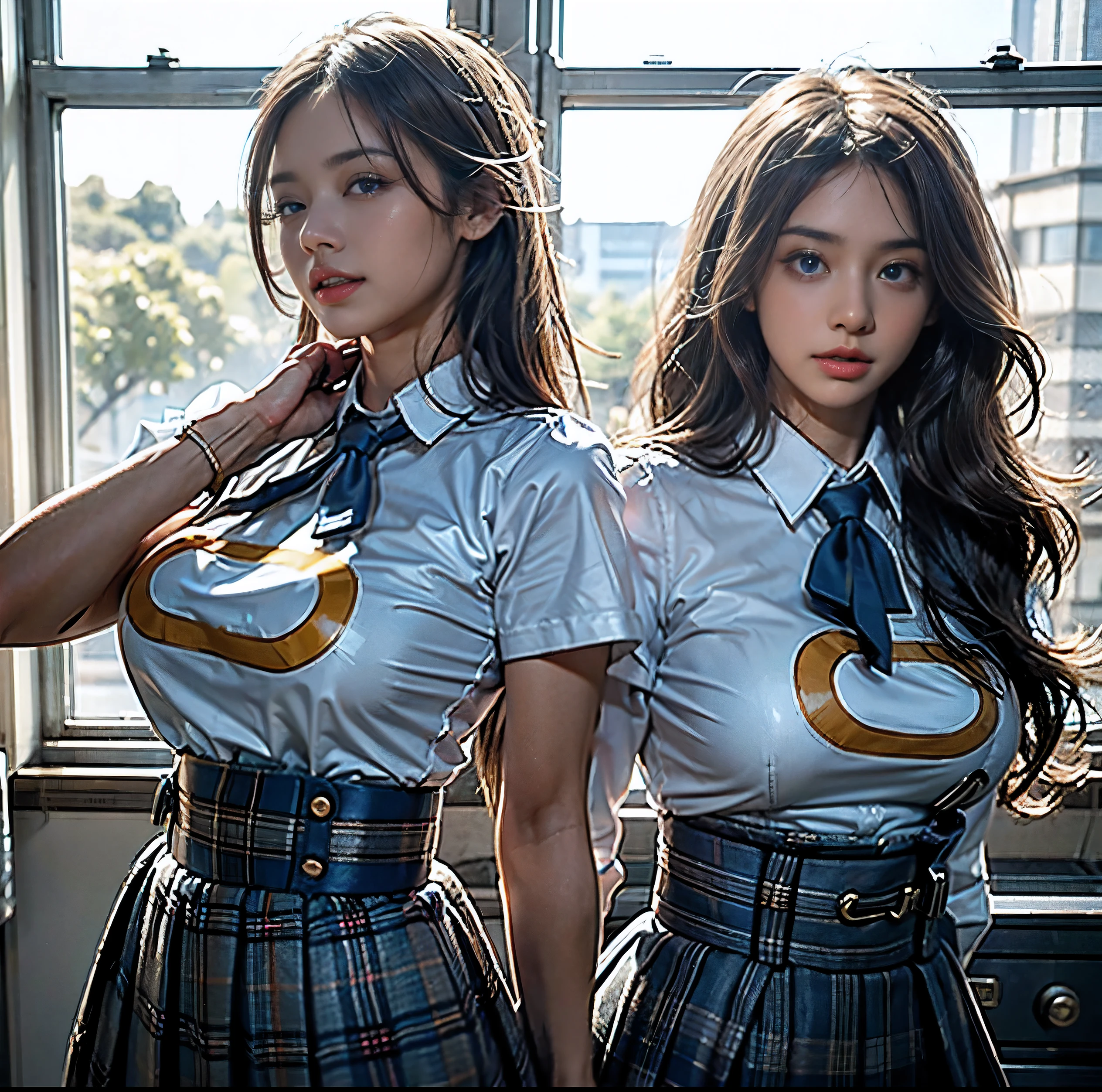 Highest image quality、8K quality、masterpiece、professional writing、(Two big breasted women are standing:1.5)、(Super big breasts compressed with clothes:1.5)、Whitening skin、Shining blue eyes、(A tight pure white shirt that completely covers her huge breasts:1.4)、Crimson Ribbon Tie、Amazingly short super mini pleated tartan check skirt、(The upper body is hidden by the shirt and no skin is visible.:1.5)、(slim waist:1.2)、above the knee、Skirtliftv1、(Beautiful butt:1.4)、(Super big breasts straight ahead composition:1.4)