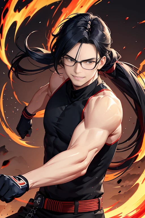Two-dimensional, anime style, 1 man , solo, (male warrior) , slim body, 30 years old, correct proportions, face details, martial arts, black pants with red stripes on the sides, sleeveless black martial arts uniform with red stripes, obi, marron belt, black tank top with turtleneck, black shoes, wearing sleeveless black gloves,wearing navy blue glasses, long ponytail hairstyle with red stripes, light and shadow tracing, ray tracing, detail glow, CG rendering, hair details, long black hair,  a lot of details, volcano environment,smiling joyfully, looking at the viewer, making his combat position,  surrounded by flames, rising red fire asian dragon 