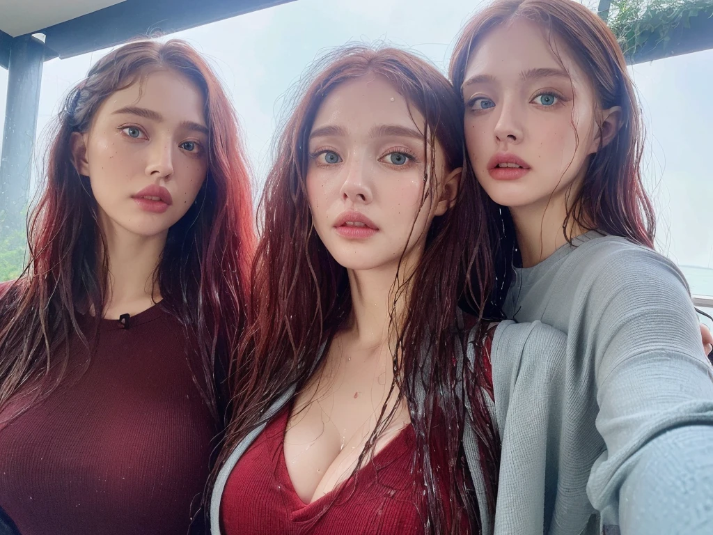 4 Beautiful handsome woman, ((top quality, 8k, masterpiece:1.retty woman, 1woman, huge breasts:1.3, slender figure:1.1, elastic red long hair, (shower, wet body, wet clothes:1.1), very detailed face, detailed lips, detailed eyes, double eyelids, detailed blue eyes, extremely detailed outstanding blue eyes, red wet hair, red wet hair, detailed outstanding BLUE EYES, innocent stare at the viewer, extremely wet wavy red hair, detailed outstanding BLUE EYES, raining outside