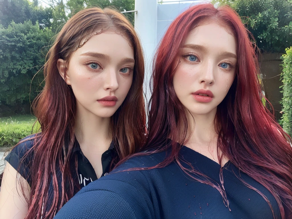 ( masterpiece, top quality, best quality,8k, girl,ultra detailed,raw photo:1.5),(photorealistic:1.4), ( chignon , red hair:1.5), (cinematic lighting), PerfectNwsjMajic, , Surrealism, UHD, ccurate, Super detail, textured skin, High detail, Best quality, dynamic angle, White skin,[Beautiful blue eyes], high nose,[flat chest:large breasts:0.5],(1girl),(good anatomy:0.5)),(outside),