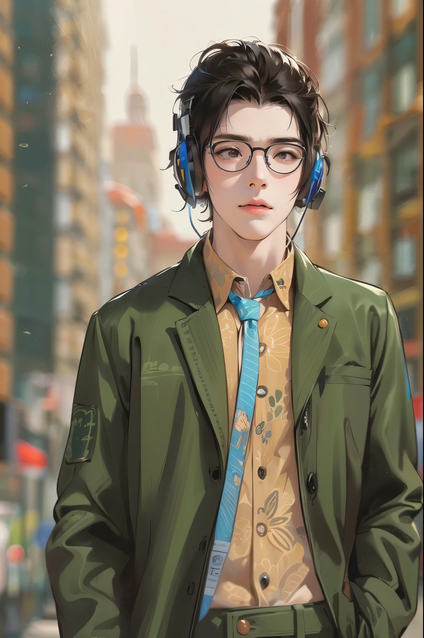(absurdres, highres, ultra detailed, realistic, ), 1 boy, solo, short black hair, glasses, suits,brown eyes,  (headphone)，modern city background, ultra - detailed, best quality, Detailed diagram, vectorized, 8K,  Graphic design, vector lines, Full-HD，full body