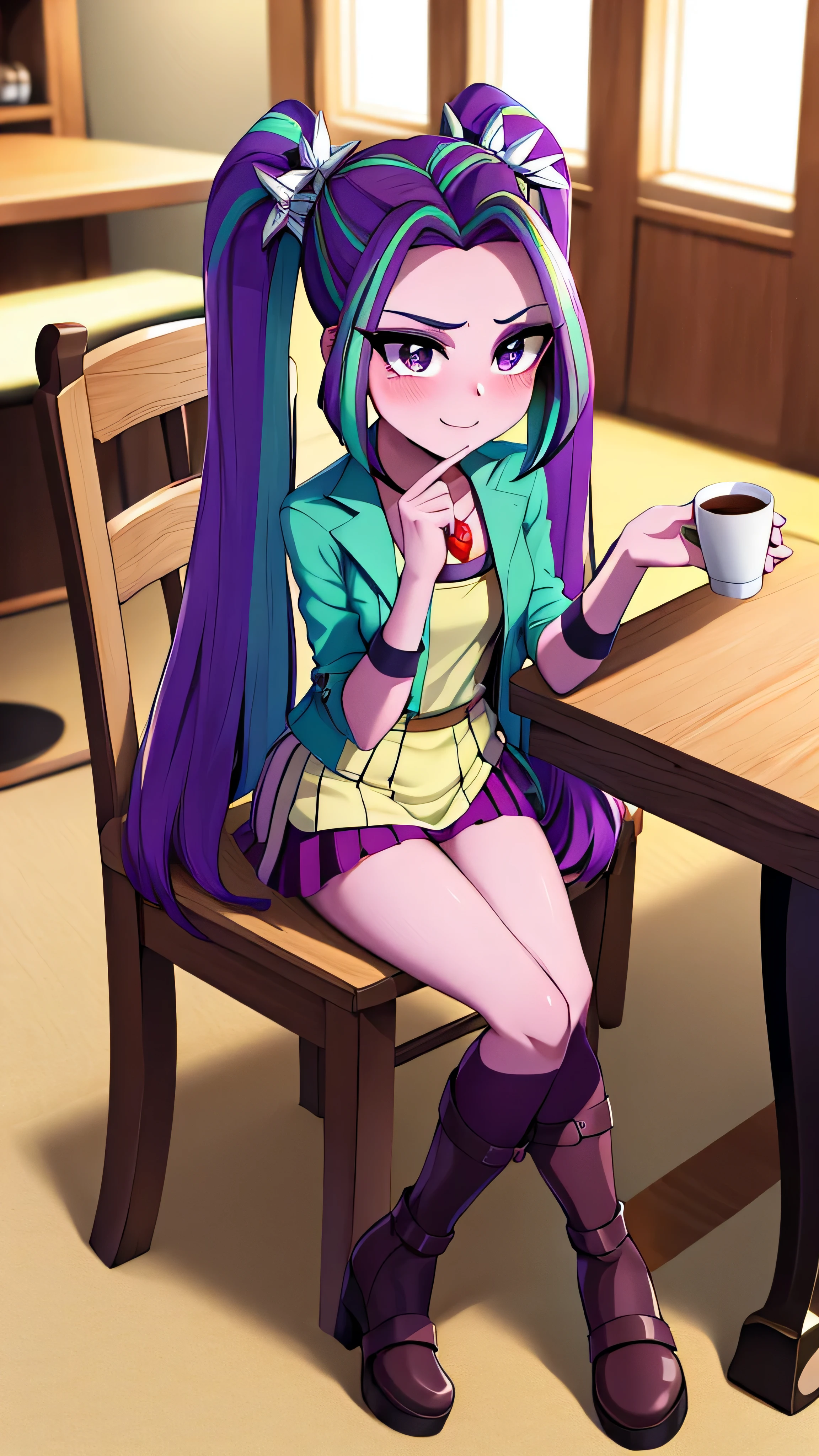 ARIA BLAZE, colored skin, purple skin, twintail, Hair ornaments, green jacket, Purple skirt, thigh boots, belts,Thin leg, (Best Quality,4k,8K,high resolucion,Masterpiece:1.2),Ultra-detailed,realisitic:1.37,Vivid colors,studio lit, thin body, black outline, Bold contour jewelry necklace, Lovely smile, sit, legs togueter, blush, full body, cafe, drinking, holding coffee, table, chair