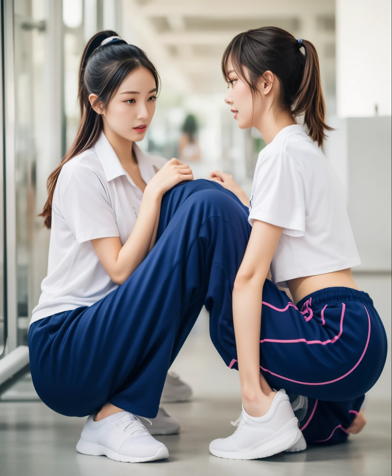 3 girls in fitness center, Blue short sleeve shirt,Sweatpantsขายาวสีกรมท่า,Sweatpants, Sweatpantsขายาว,25 year old girl, lesbian, sexy, exercise clothes, wet body, exercise clothes