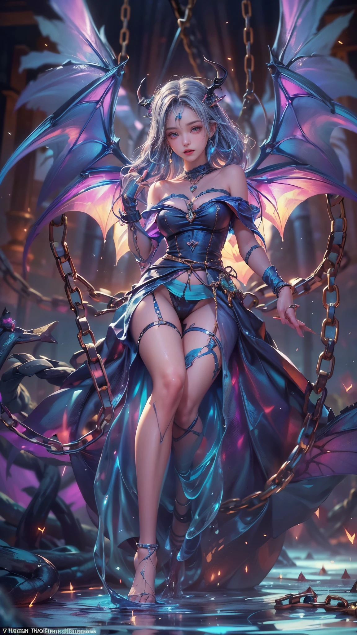 (RAW shooting:1.5, realistic:1.5, fractal art:1.5, 8K), (highest quality, masterpiece, ultra high resolution), Castle of the Demon World, ((perfect dynamic composition:1.7)), Highly detailed skin and facial textures:1.3, Detail of limbs, 1 girl, (Cute sexy succubus demon with big wings:1.3, beautiful and aesthetic:1.3, Wearing detailed body jewelry:1.3), prisoner of war, slave, Horn, Fair skin, open your legs, colorful,  (Correctly wear heavily torn clothes off-shoulder:1.3), Huge breasts that are about to explode, Do not show areola, big chest gap, (The expression on your face when you feel intense caress, Facial expression when feeling pleasure, A look drowning in pleasure, Are crying), beautiful blue eyes, Eyes that feel beautiful eros, sexy face, blush, (Too erotic and cute:0.9, Bewitching:0.9), ((torture:1.5, Lots of chains:1.8, countless chains tangled in clothes:1.8, chain the right arm:1.2, chain the left arm:1.2, Bind the right leg with shackles and chains:1.2, Bind the left leg with shackles and chains:1.2)), (((An incomprehensible amount of liquid flows throughout the body:1.5))), super long blonde curly hair, View from the knee up