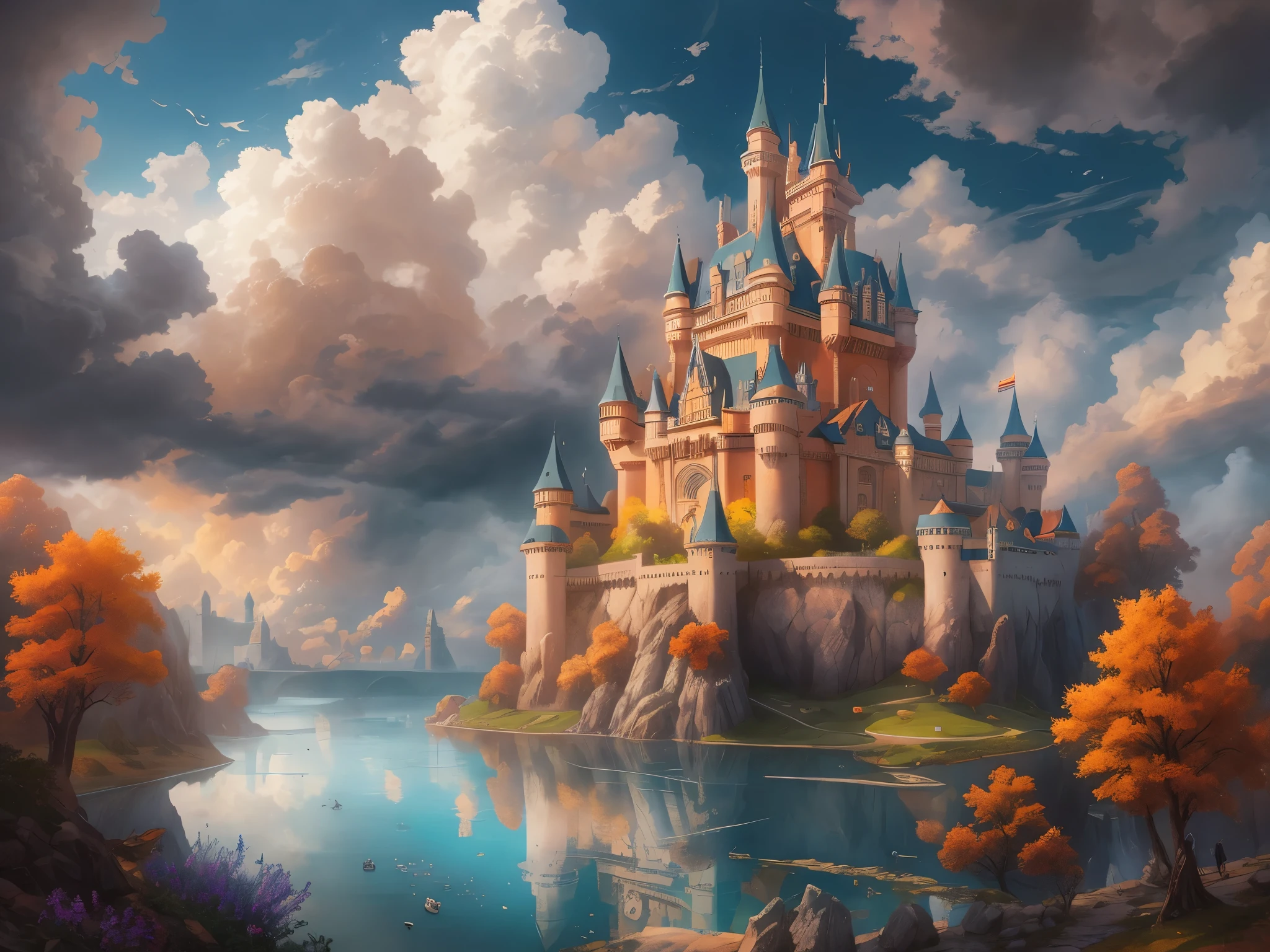A  castle surrounded by clouds, magnificent architecture, illustrations, super details, realistic: 1.37, vivid colors, soft lighting