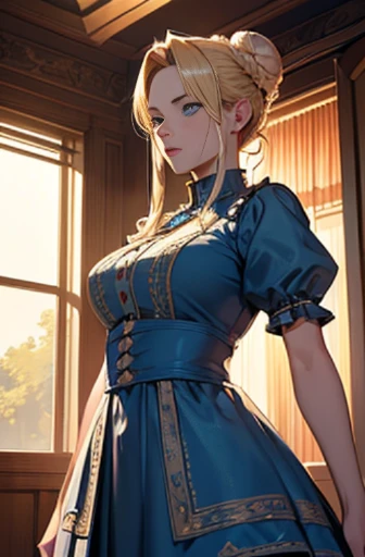 ((masterpiece)), (best quality), (ultra-detailed), (Powerful illustrations),(extremely detailed CG),(4k post processing is very detailed),(cowboy shot),(dynamic lighting),(caustics),(high resolution)
19 years old,female,blonde,blue eyes, caucasoid,blonde,bun hair,ruffled dress,chubby,short,noble,daughter,queen