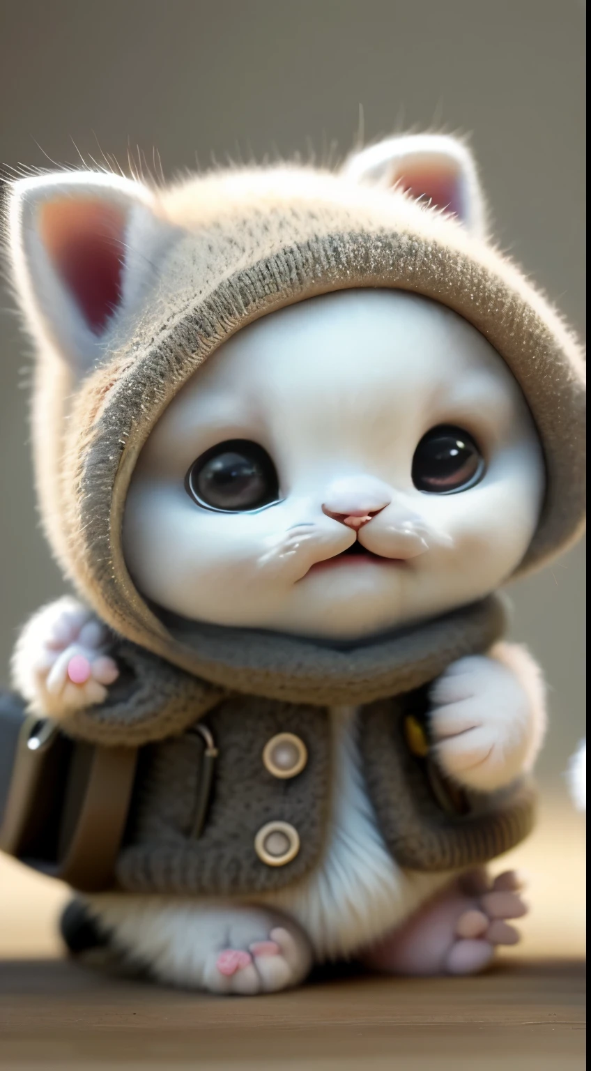 kitten in clothes, miniature kitten, Animal focus, bearded, Realistic, Gonzo hand, ambiguous background,smile,interesting、
