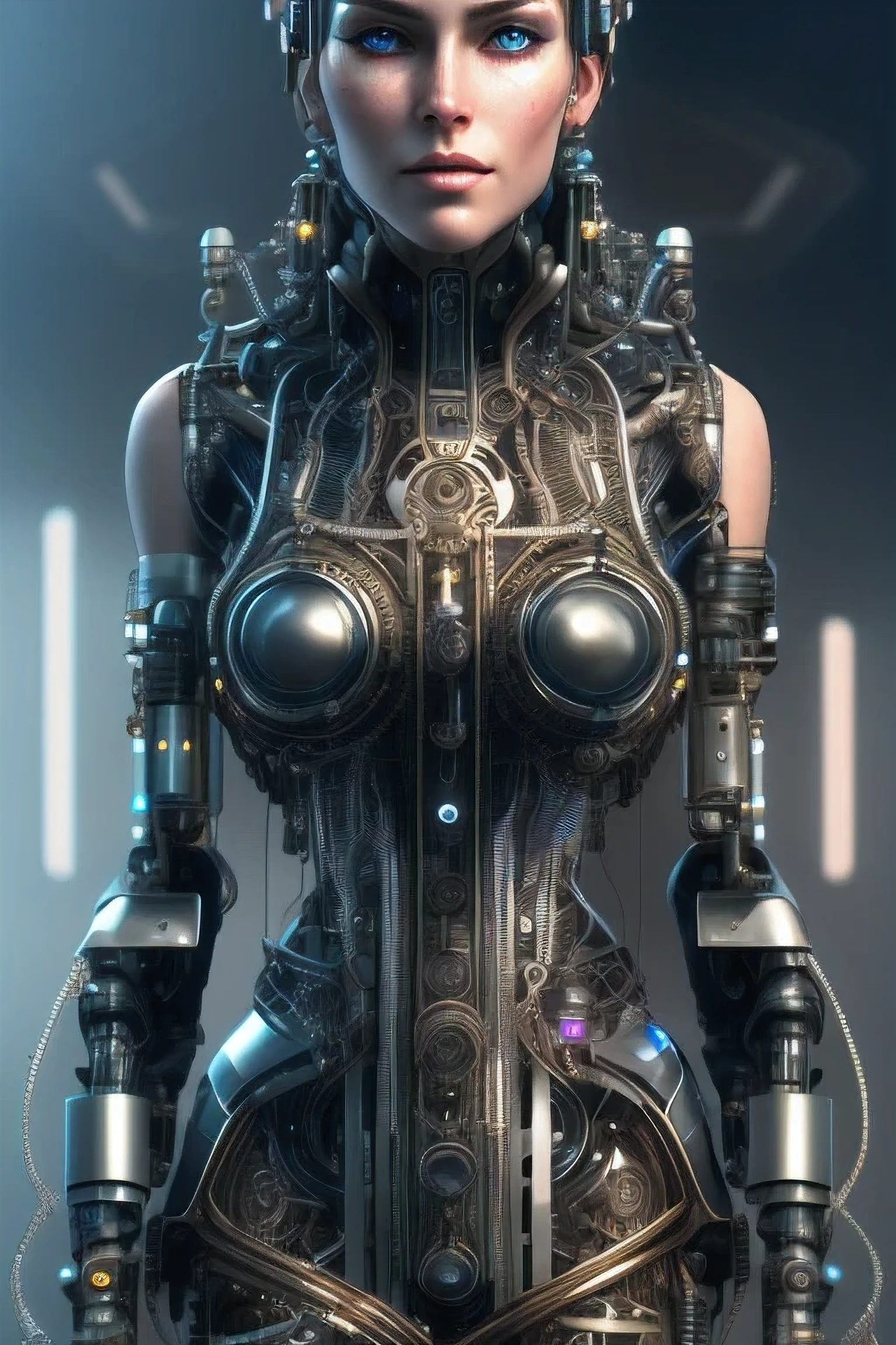 full body cyborg| full-length portrait| detailed face| symmetric| steampunk| cyberpunk| cyborg| intricate detailed| to scale| hyperrealistic| cinematic lighting| digital art| concept art| mdjrny-v4 style
