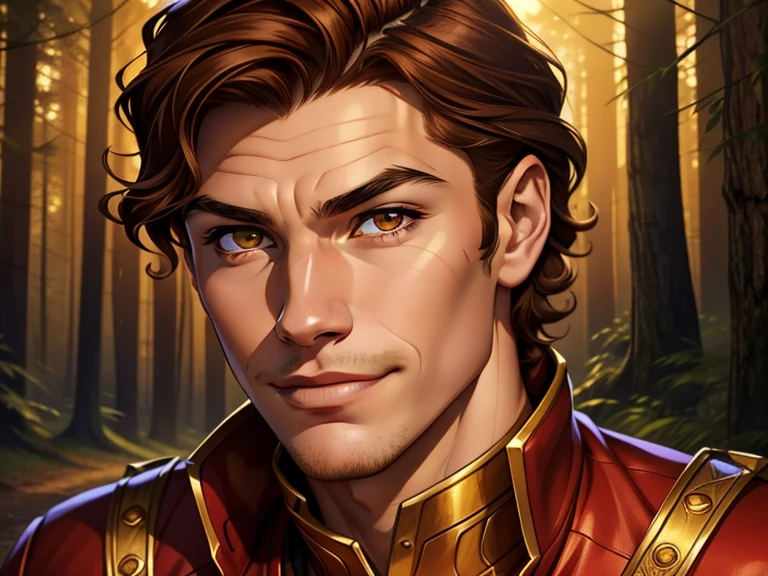 masterpiece, best quality, realistic, 1boy, male, quiet and charming young boy, 16 year old, a smirk, closed mouth, gold skin, portrait, extremely detailed face, cold and smirk, red outfit, ((honey eyes)), ((short wavy brown hair)), [thick eyebrows], ((civilian)), dim light, evil, woods background