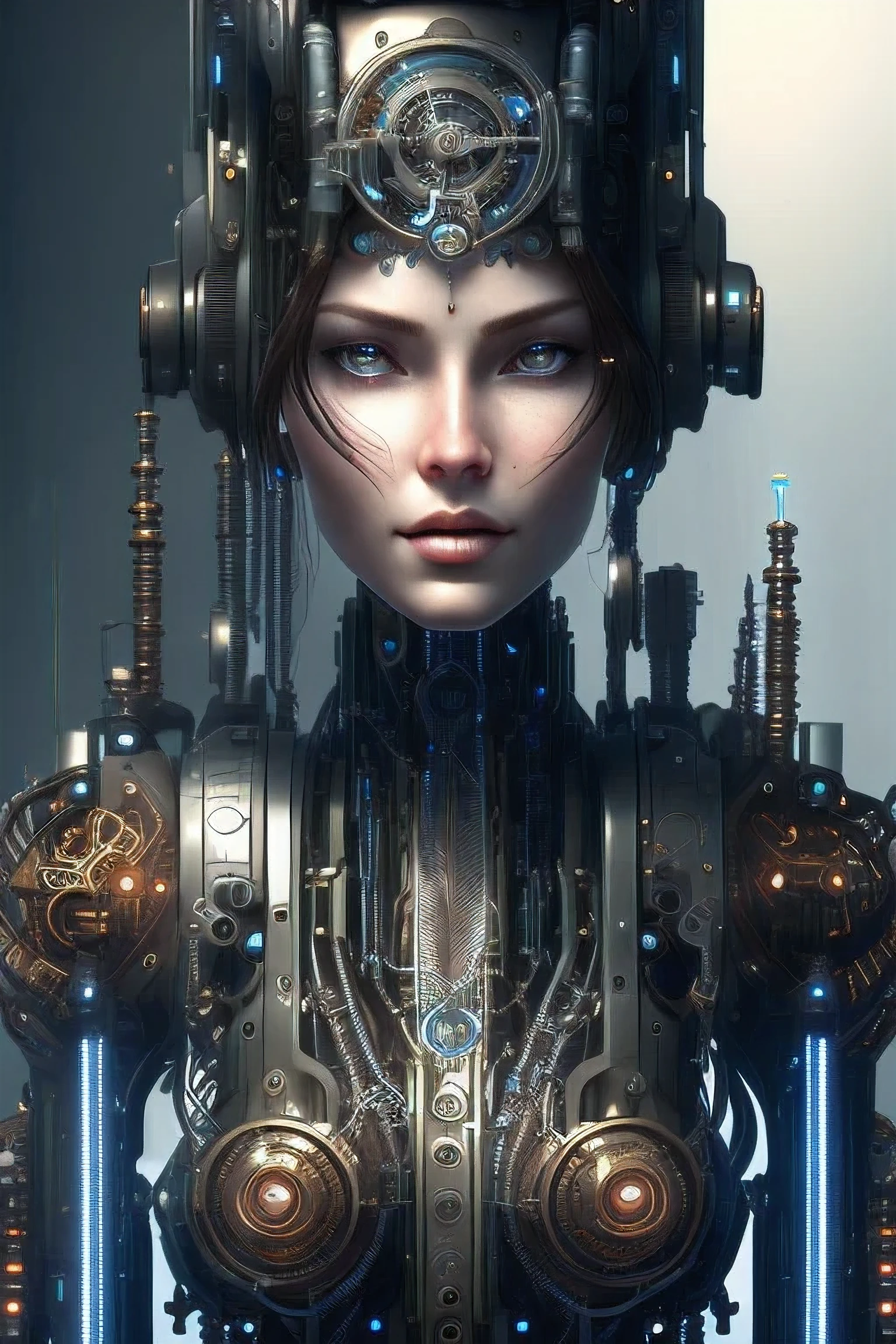 full body cyborg| full-length portrait| detailed face| symmetric| steampunk| cyberpunk| cyborg| intricate detailed| to scale| hyperrealistic| cinematic lighting| digital art| concept art| mdjrny-v4 style