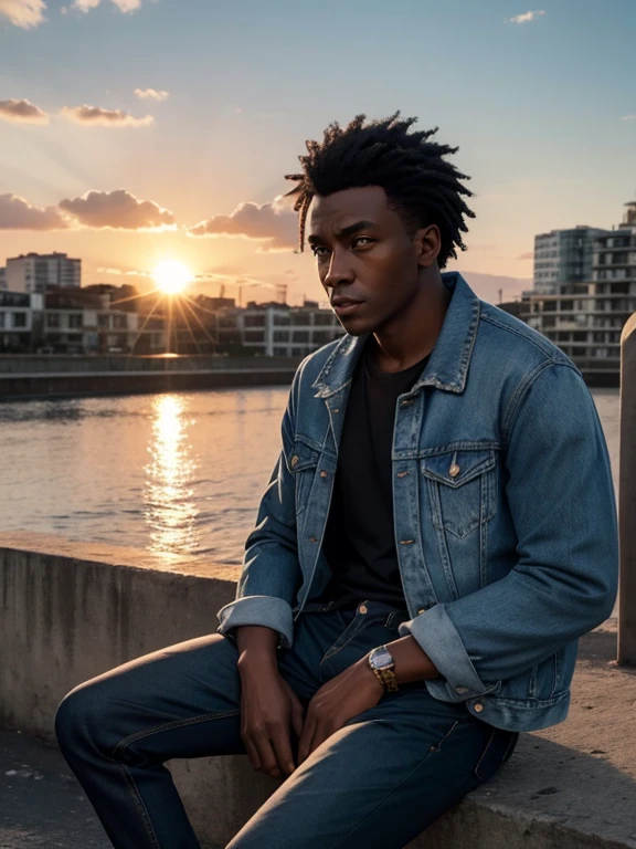 Homem de 20 anos, pele negra, cabelo cresp, jeans and jacket, sitting in a square, final de tarde, sunset