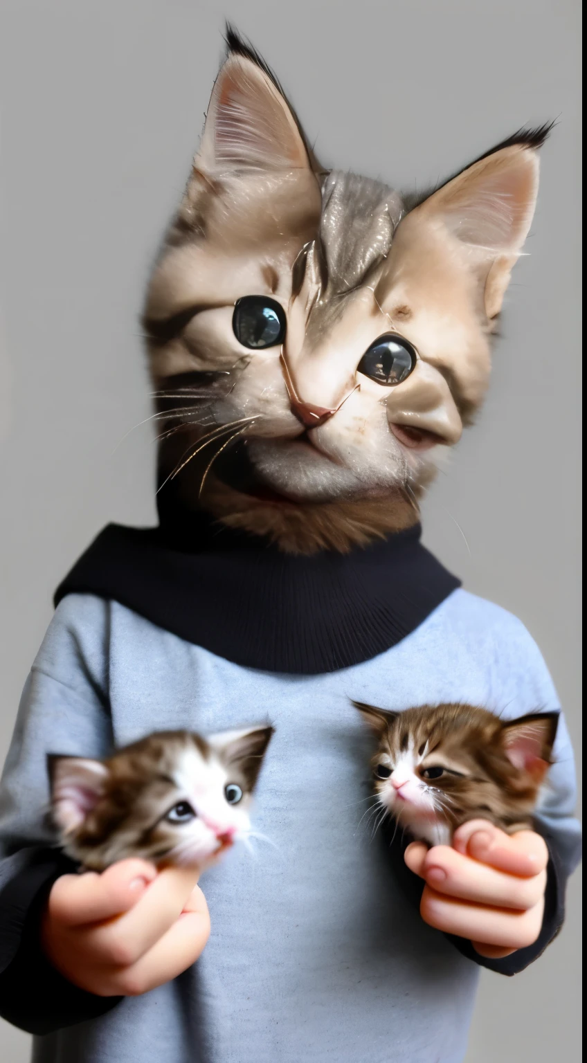kitten in clothes, miniature kitten, Animal focus, bearded, Realistic, Gonzo hand, ambiguous background,smile,interesting、
