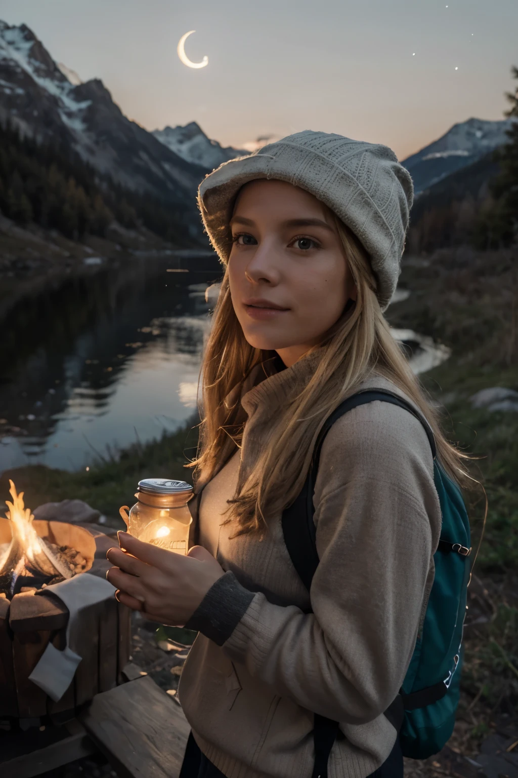 1 woman,long blond hair, ((upper body selfie, happy)), masterpiece, best quality, ultra-detailed, solo, outdoor, (night), mountains, nature, (stars, moon) cheerful, happy, backpack, sleeping bag, camping stove, water bottle, mountain boots, gloves, sweater, hat, lantern, forest, stones, river, wood, smoke, shadows, contrast, clear sky, style , (warm hue, warm tone: 1,2), close-up, cinematic light, side lighting, ultra high resolution, best shadow, RAW, upper body, wearing nike brand clothing