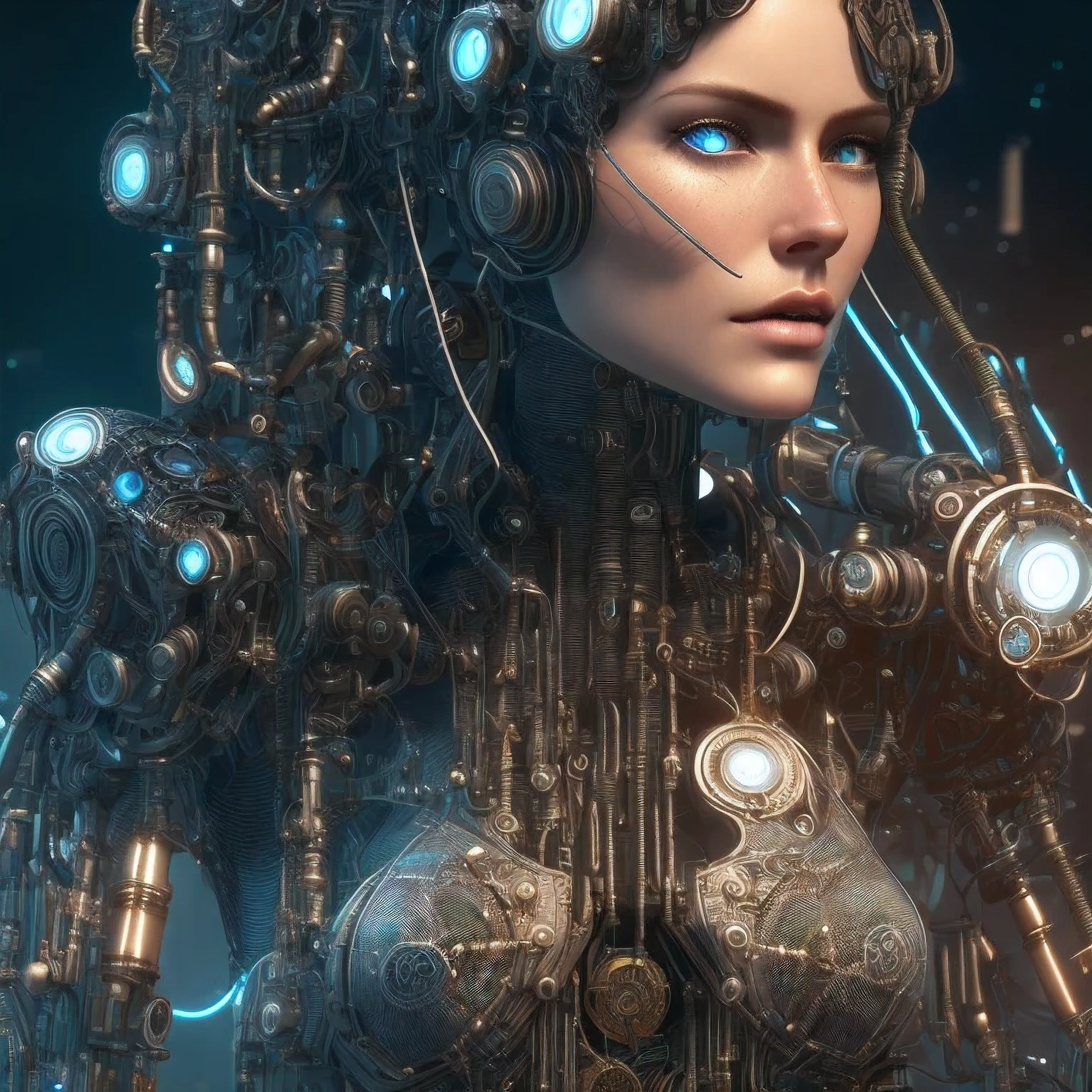 full body cyborg| full-length portrait| detailed face| symmetric| steampunk| cyberpunk| cyborg| intricate detailed| to scale| hyperrealistic| cinematic lighting| digital art| concept art| mdjrny-v4 style