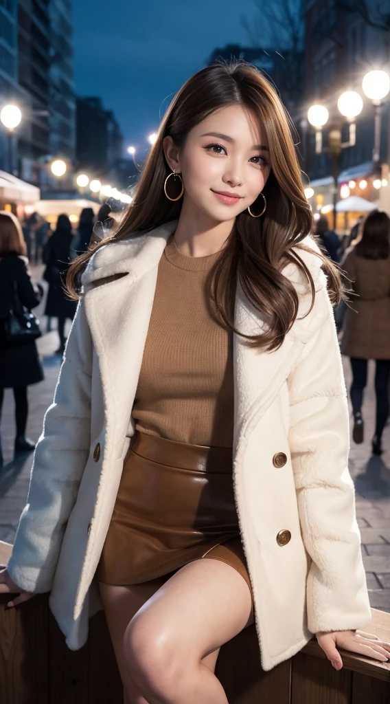 table top, highest quality, realistic, highest quality, finely, professional lighting, High resolution, 8K、surreal, 1 beautiful woman, master works, professional photographer, in a fluffy brown fur coat,, mini skirt, light brown hair, earrings, Model Makeup, perfect dynamic composition, beautiful and fine eyes, smile, In the park on a winter night, upper glance、 smile a little,Full body Esbian,Show full-body fashion,leaning forward,bend over, The only beauty