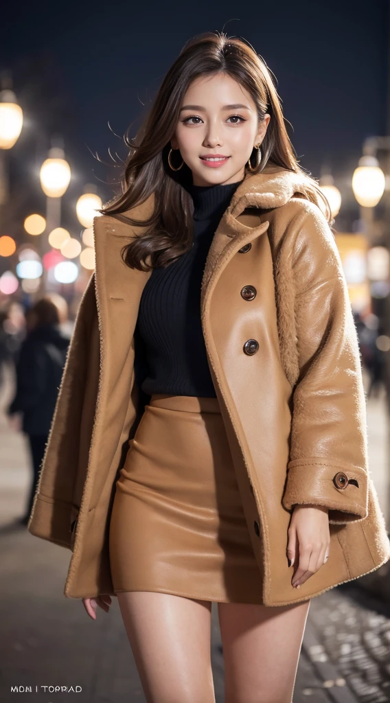 table top, highest quality, realistic, highest quality, finely, professional lighting, High resolution, 8K、surreal, 1 beautiful woman, master works, professional photographer, in a fluffy brown fur coat,, mini skirt, light brown hair, earrings, Model Makeup, perfect dynamic composition, beautiful and fine eyes, smile, In the park on a winter night, upper glance､ smile a little,Full body Esbian,Show full-body fashion,leaning forward,bend over, The only beauty