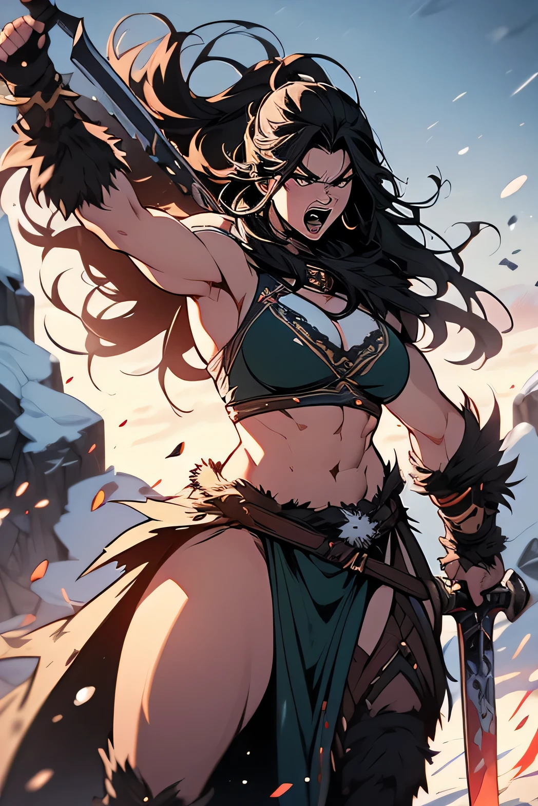 a woman with a greatsword and barbarian winter clothes, burning demon like arm, muscular barbarian women, barbarian character design, female barbarian, high quality character design, comic character design, rpg character, extremely pale, extremely muscular tall woman, black hair, screaming barbarian rage, battle pose