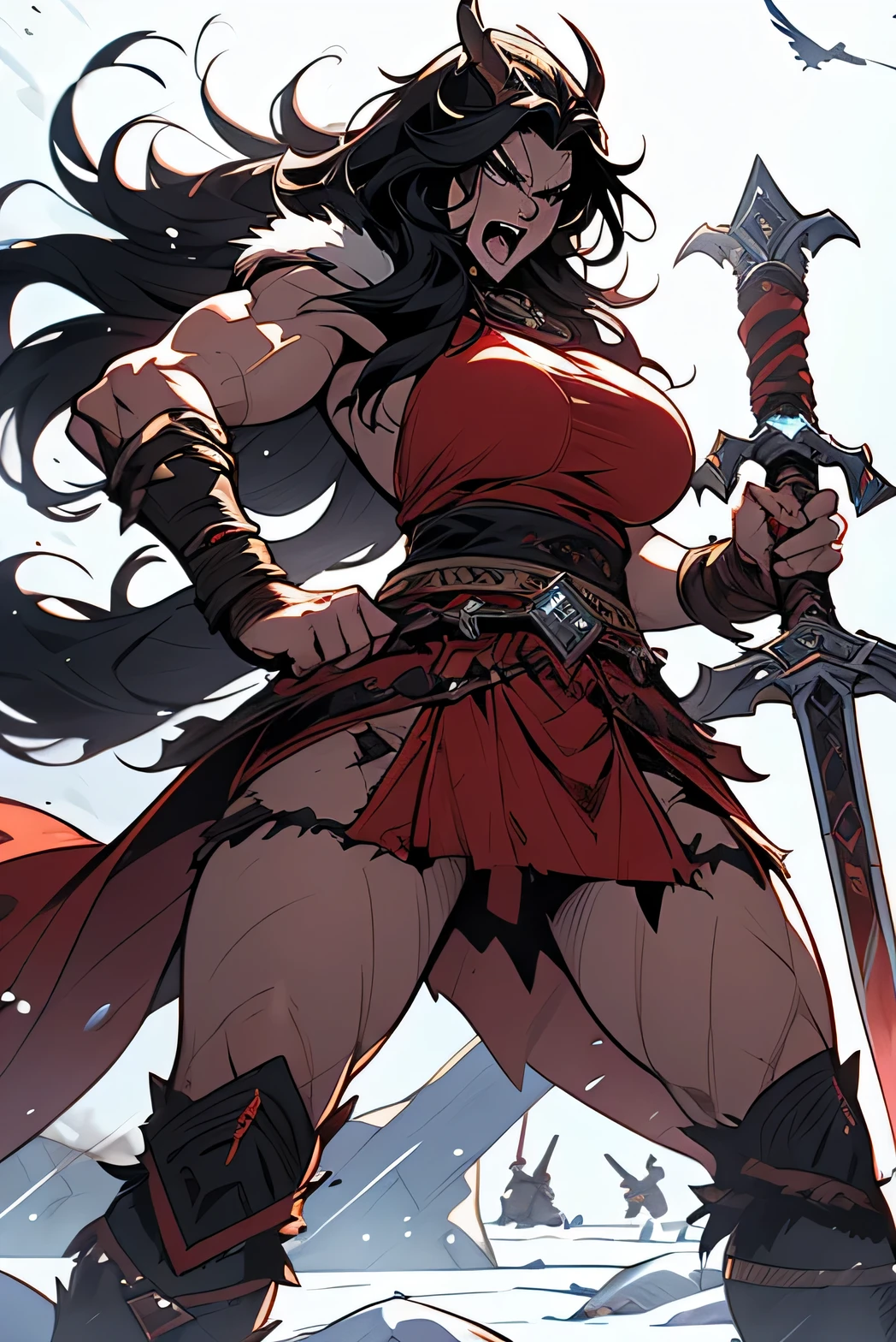 a woman with a greatsword and barbarian winter clothes, burning demon like arm, muscular barbarian women, barbarian character design, female barbarian, high quality character design, comic character design, rpg character, extremely pale, extremely muscular tall woman, black hair, screaming barbarian rage, battle pose