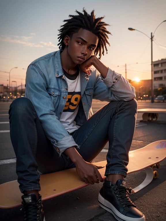Homem de 18 anos, pele negra, cabelo crespo, jeans and jacket, sitting in a square, final de tarde, sunset, With skateboard in hand