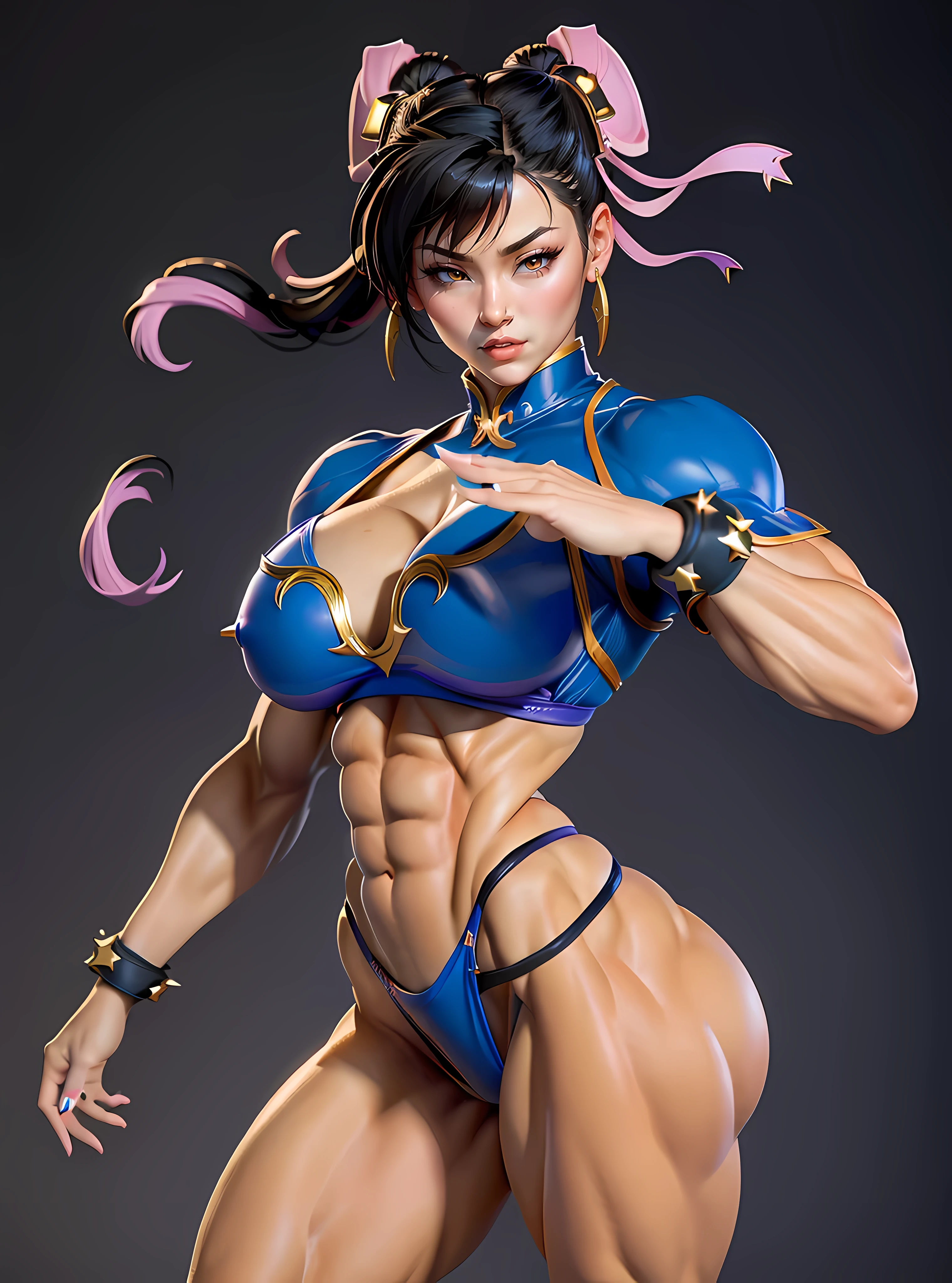 ((Best quality)), ((Masterpiece)), ((Realistic)) and ultra-detailed photography of a girl with goth colors. Chun- li, ((Chun- li)), dressed in (small black micro-thong, black micro-bikini:Star motif ) , ((Beautiful and aesthetic)), muscular fit body abs, Sexy, under-, Hot, (Cream gradient background), ((NSFW)), (((accurate anatomy))), ((wide hips)), (((Huge breasts))), ((long legs)), (((Massive Female Bodybuilder)))