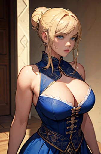 ((masterpiece)), (best quality), (ultra-detailed), (Powerful illustrations),(extremely detailed CG),(4k post processing is very detailed),(cowboy shot),(dynamic lighting),(caustics),(high resolution)
19 years old,female,blonde,blue eyes, caucasoid,blonde,bun hair,ruffled dress,chubby,short,noble,daughter,aristocrat,babyface,plump