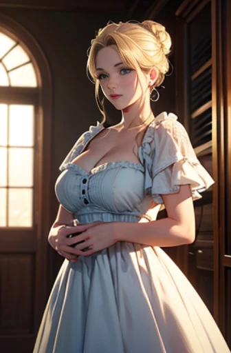 ((masterpiece)), (best quality), (ultra-detailed), (Powerful illustrations),(extremely detailed CG),(4k post processing is very detailed),(cowboy shot),(dynamic lighting),(caustics),(high resolution)
19 years old,female,blonde,blue eyes, caucasoid,blonde,bun hair,ruffled dress,chubby,short,noble,daughter,aristocrat,face,plump