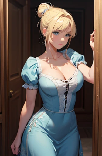 ((masterpiece)), (best quality), (ultra-detailed), (Powerful illustrations),(extremely detailed CG),(4k post processing is very detailed),(cowboy shot),(dynamic lighting),(caustics),(high resolution)
19 years old,female,blonde,blue eyes, caucasoid,blonde,bun hair,ruffled dress,chubby,short,noble,daughter,aristocrat,babyface,plump