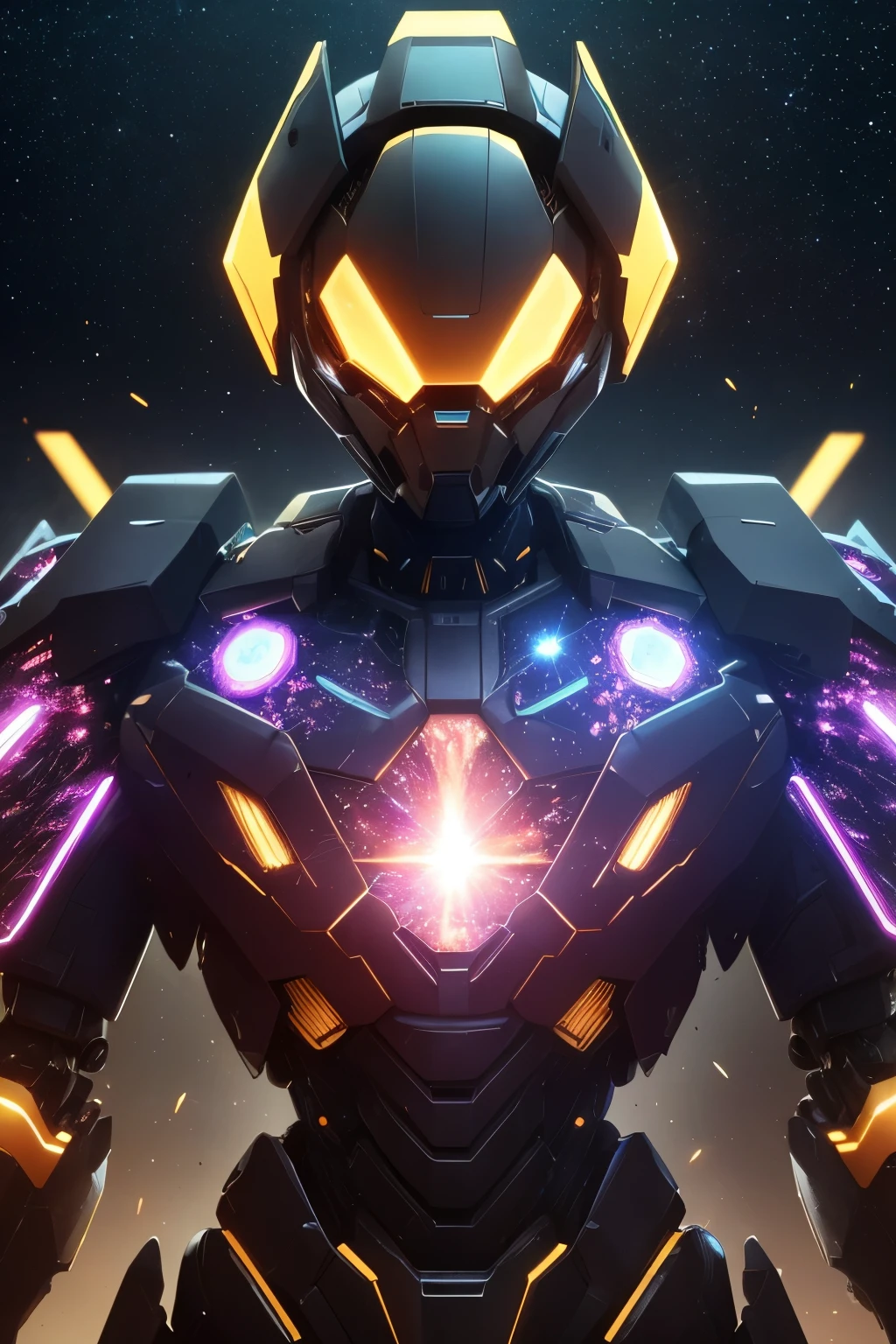 best quality, 32k, RAW photo, incredibly absurdres, extremely detailed, Mecha in a honeycomb state, body was shot all over and there are many holes, there are holes all over the body and sparks blow out, causing damage, delicate, flashy and dynamic depiction, background galaxy, shining planet, rainbow colors neon line light