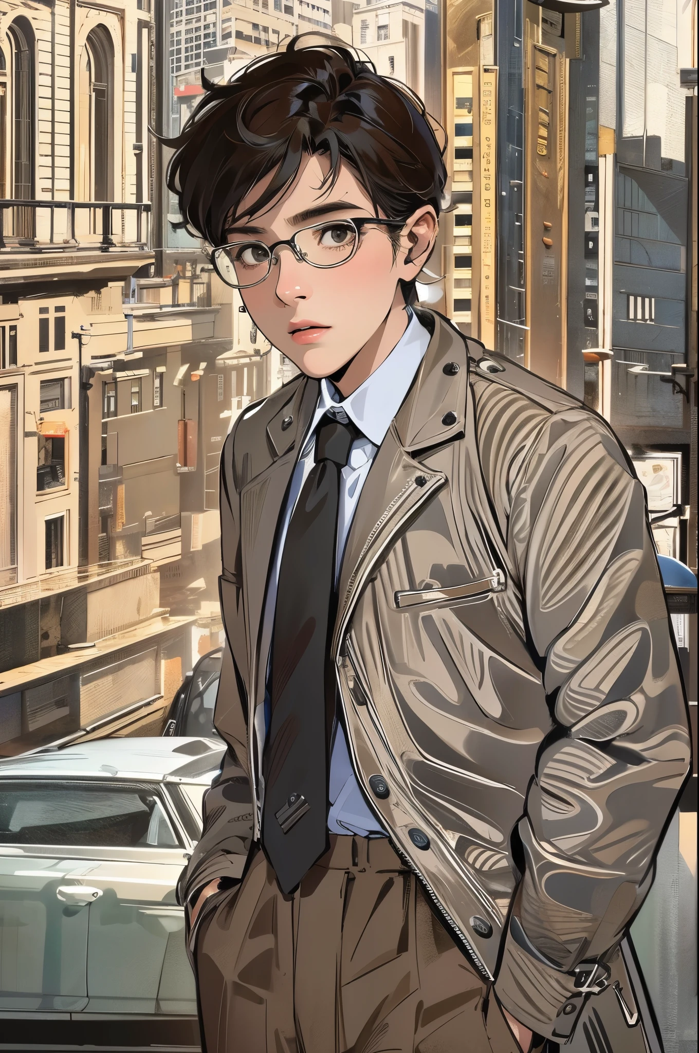 Anime man in a suit and tie standing in front of a city - SeaArt AI