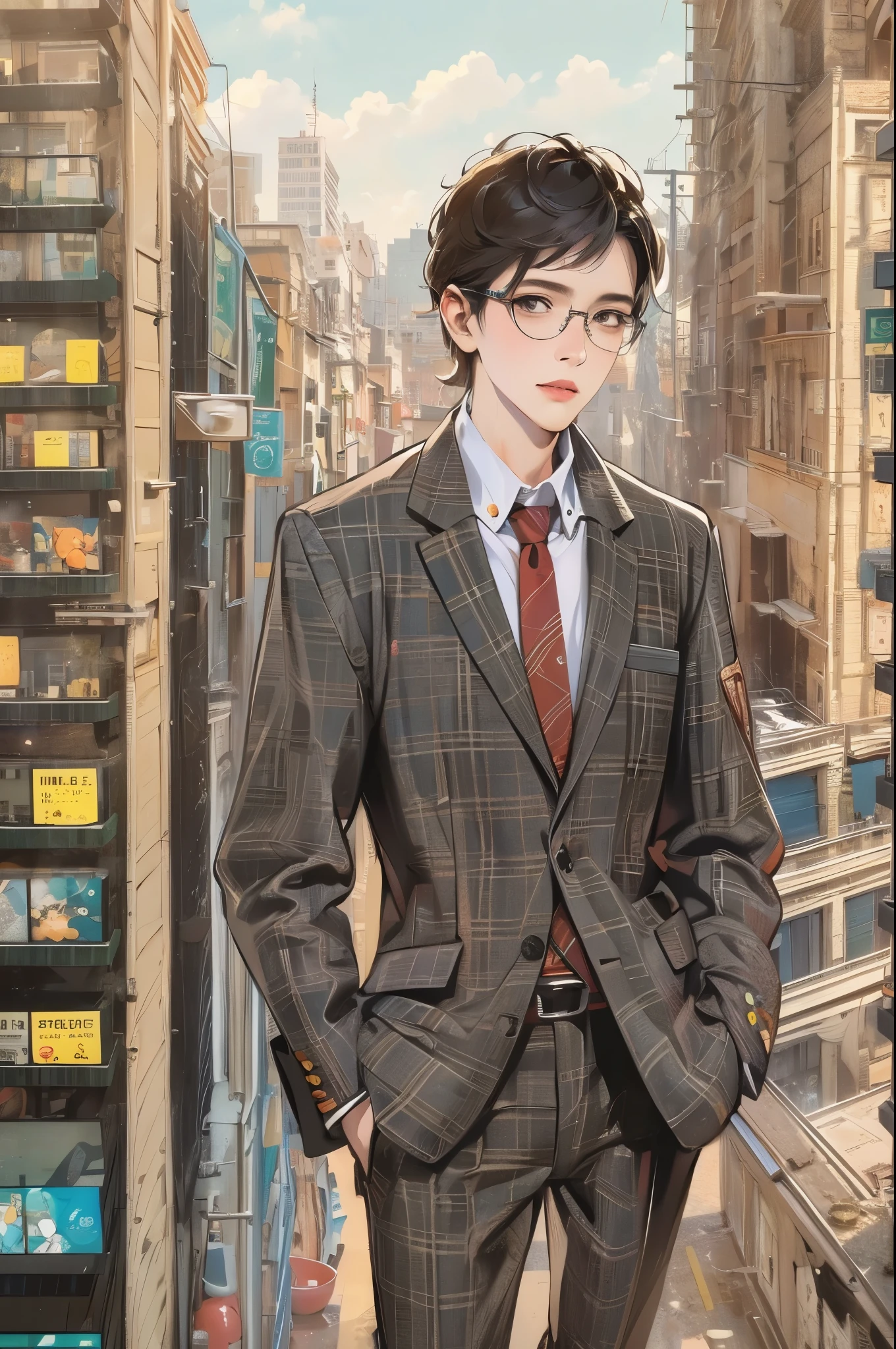 (absurdres, highres, ultra detailed, realistic, ), 1 boy,mature, solo, short black hair,  suits,brown eyes,  (glasses)，modern city background, ultra - detailed, best quality, Detailed diagram, vectorized, 8K,  Graphic design, vector lines, Full-HD，full body