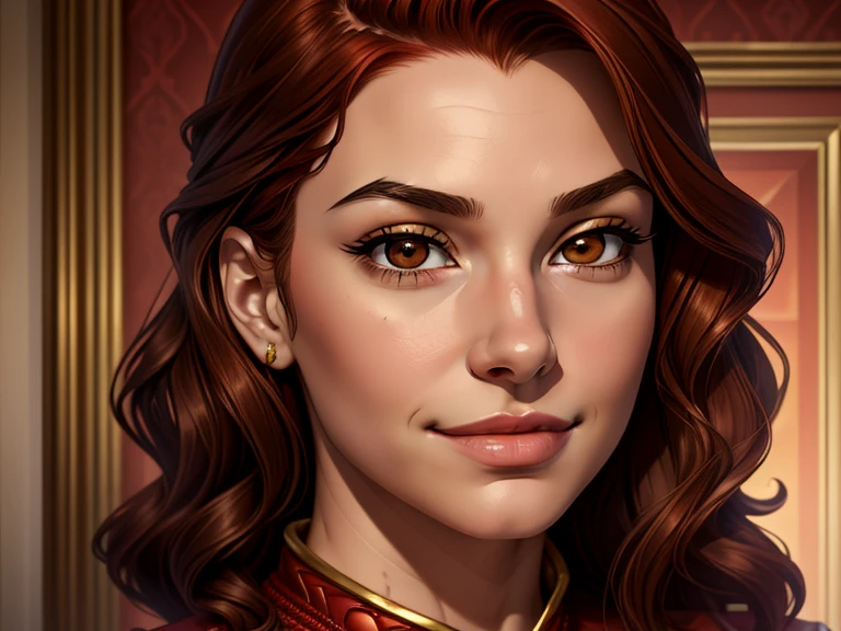 masterpiece, best quality, realistic, 1girl, female, quiet and charming young girl, , a smirk, closed mouth, gold skin, portrait, extremely detailed face, cold and smirk, red outfit, ((dark brown eyes)), ((short wavy red hair)), [thick eyebrows], ((civilian)), dim light, evil, Fabric store background