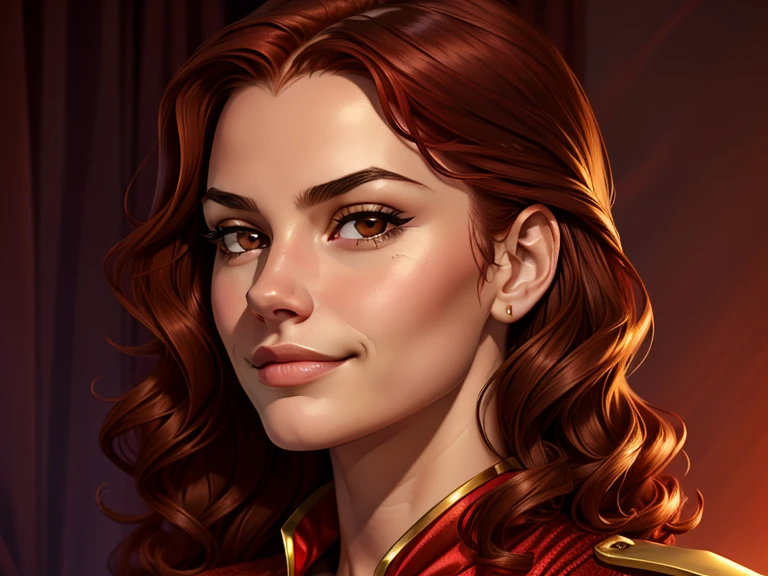 masterpiece, best quality, realistic, 1girl, female, quiet and charming young girl, 14 year old, a smirk, closed mouth, gold skin, portrait, extremely detailed face, cold and smirk, red outfit, ((dark brown eyes)), ((short wavy red hair)), [thick eyebrows], ((civilian)), dim light, evil, Fabric store background