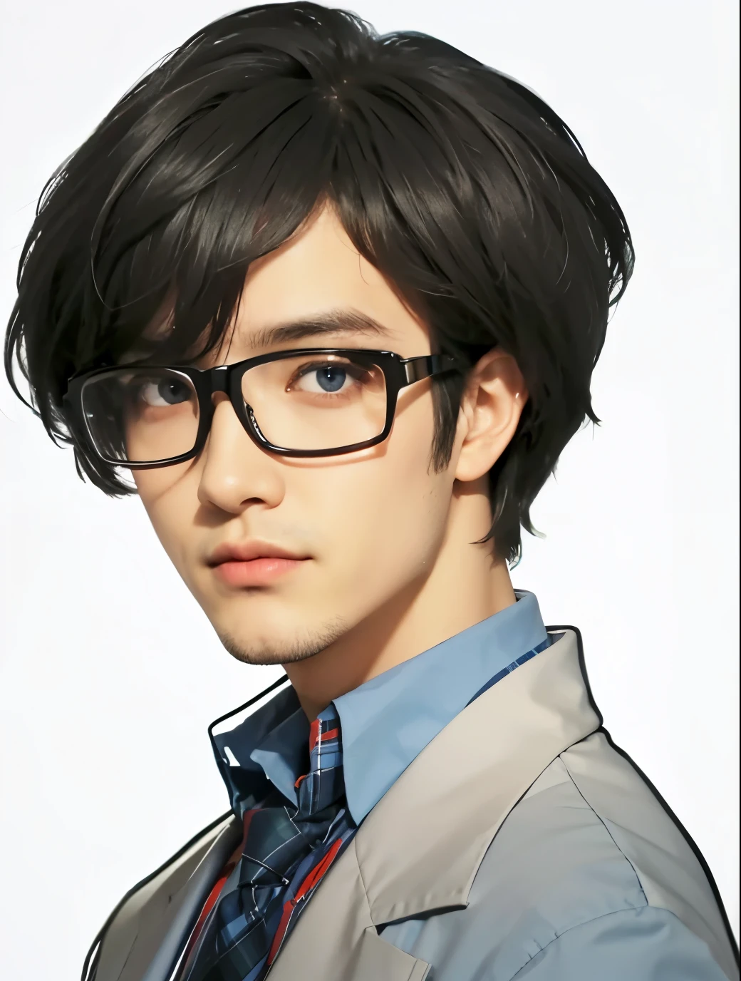 glasses,white clothes,Blue checked tie,eyes are black,Divided into 73,light blue shirt,A little on the chin々stubble,black hair,photograph,8K,highest quality,best details